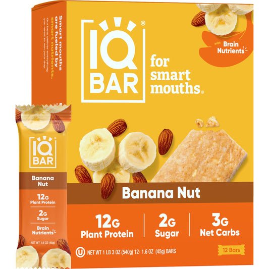 IQBAR Brain and Body Plant Protein Bars - Banana Nut - 12 Count, Low Carb, High Fiber, Gluten Free, Vegan Snacks - Low Sugar Keto Energy Bar Pack