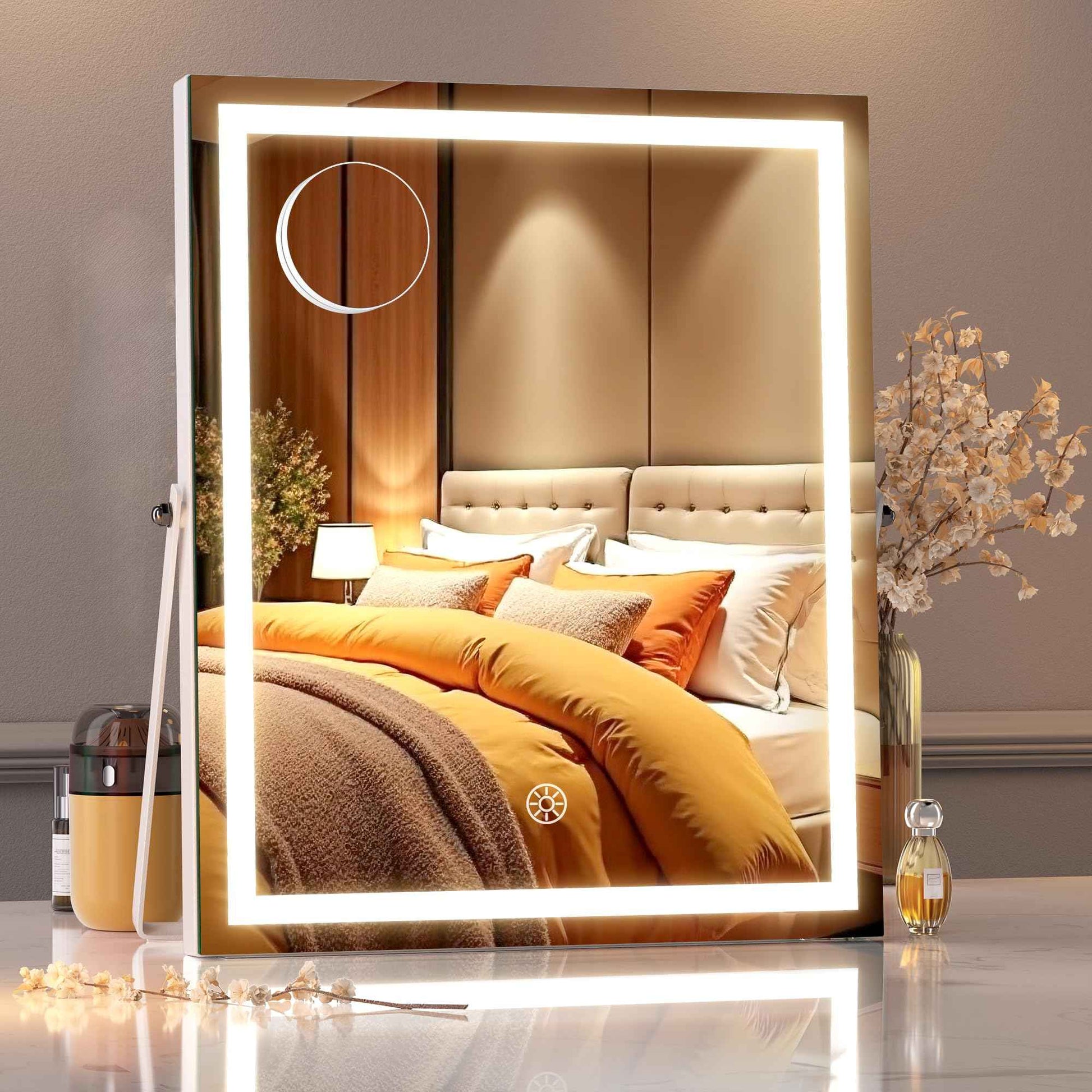 MINISO Vanity Mirror with Lights, 11.4" x 13.8" LED Makeup Mirror, Light & Brightness Adjustment, Smart Sensor, Aluminum Alloy Metal White Frame, with 5X Magnifying Glass