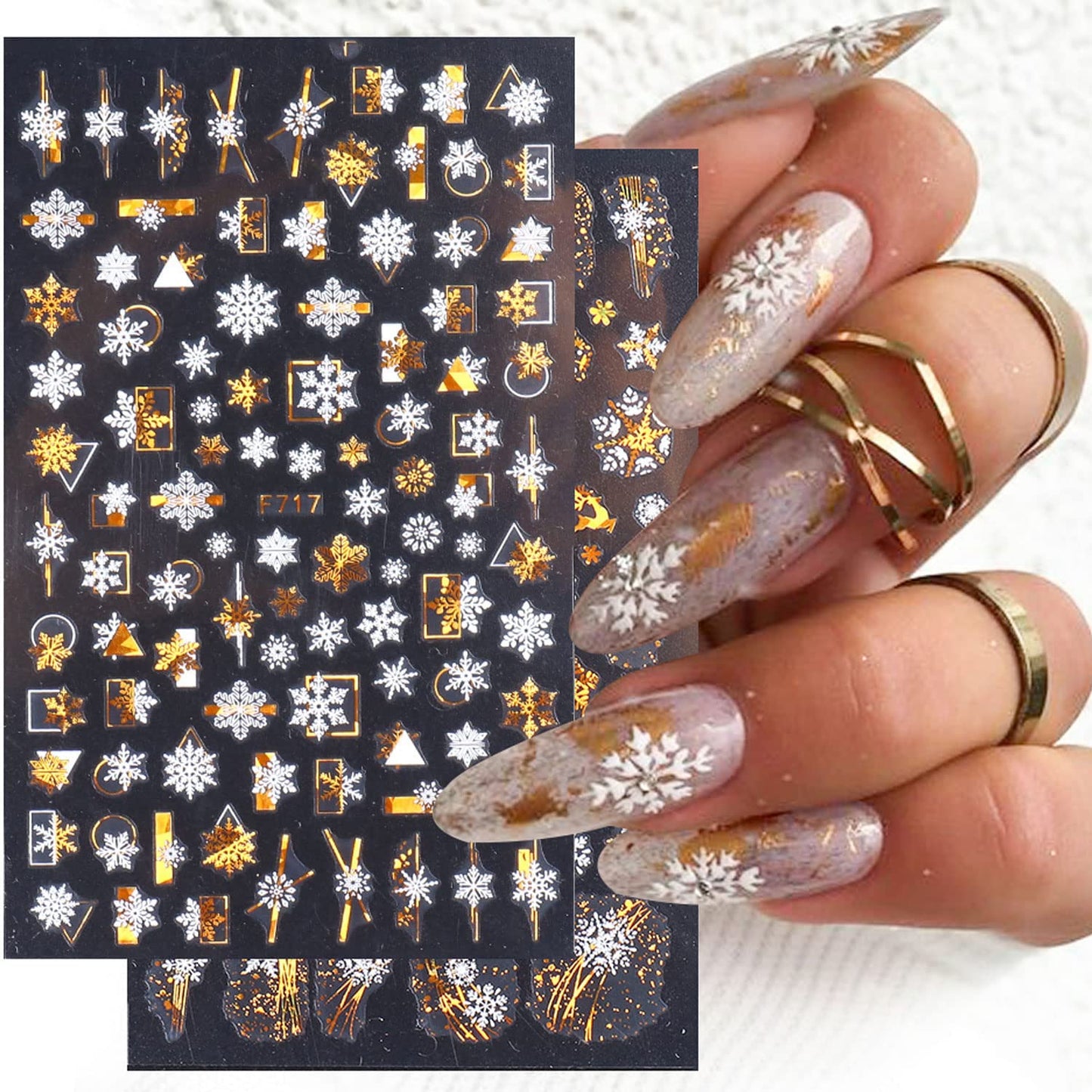 8 Sheets Gold Snowflake Nail Art Stickers Christmas Nail Decals 3D Self-Adhesive Winter Nail Supplies Xmas Snowflake Nail Stickers Bronzing Designs Holiday Nail Charms for Women Girls Nail Decorations