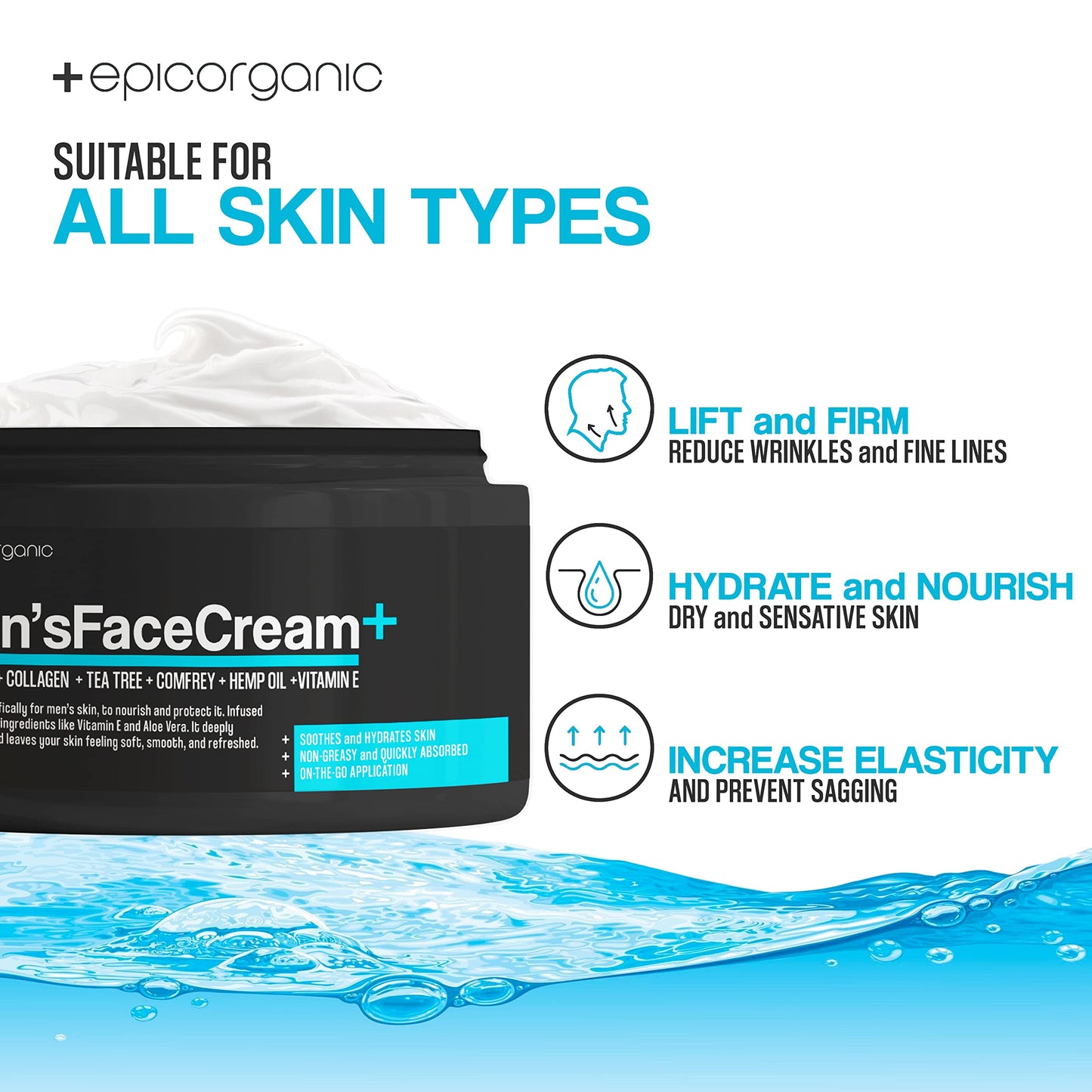 Epic Organicum Mens Face Cream | Anti Aging & Hydrating Face Moisturizer | Hyaluronic Acid, Collagen & Vitamin E Cream | Men's Skin Care | Moisturizer Face Cream | 8oz