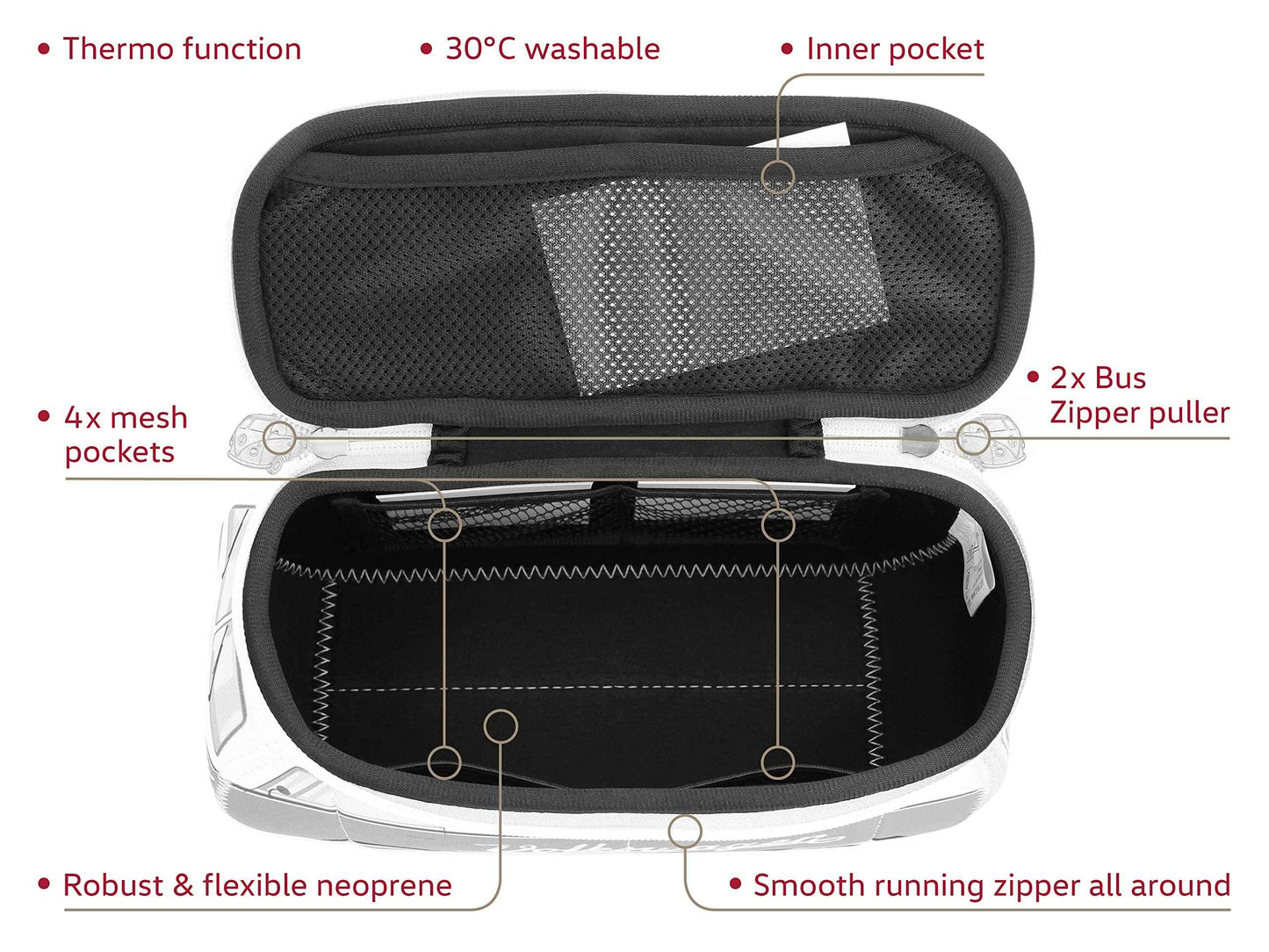 BRISA VW Collection - Volkswagen Neoprene Universal Makeup Cosmetics Toiletry Travel Pharmacy Bag in T1 Bus Design (Firetruck/Red) (Small (9.1 x 4.3 x 3.1 inches))