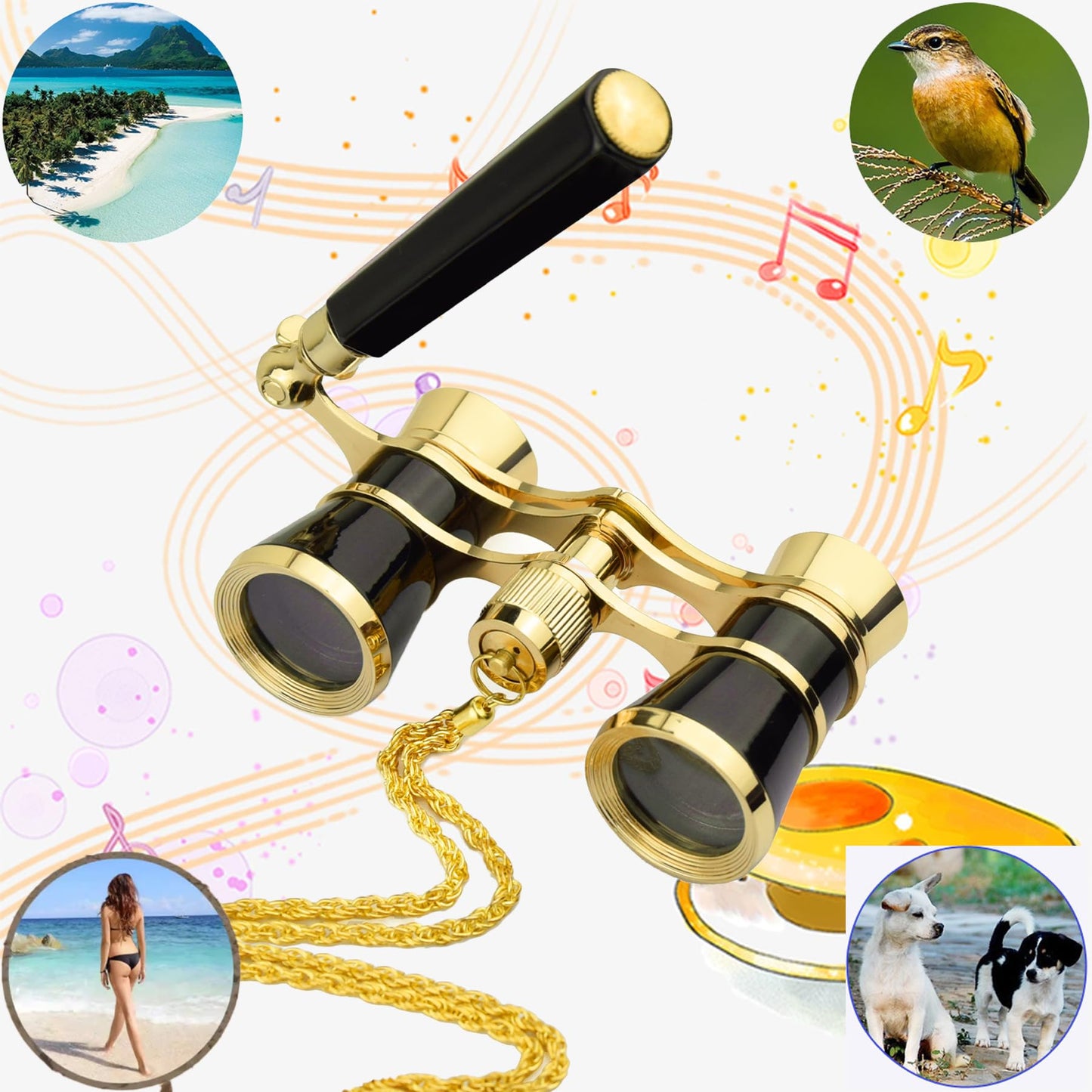 Yourelexit® Opera Glasses Binoculars Lorgnette Theater Optical Glasses Mini Compact Lightweight Built-in Foldable Adjustable Handle with Neck Chain Vintage Adults Kids Women in Musical Concert Cinema