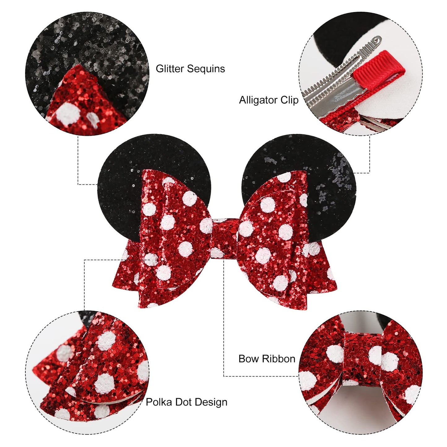 4PCS Mouse Ears Hair Clips & Red White Polka Dot Hair Bows Barrettes for Women Girls Costume Accessories Birthday Party Decorations