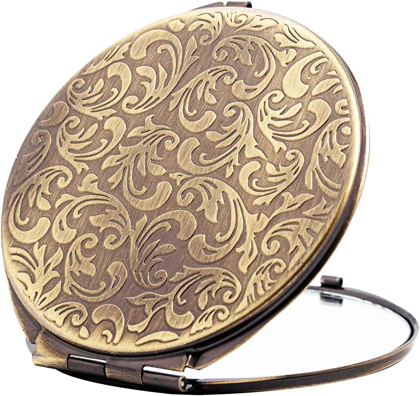 Retro metal compact travel mirror 1x/2x magnification compact portable foldable, used as a compact magnifying glass for wallets and pockets, distortion free folding portable compact mirror (bronze)