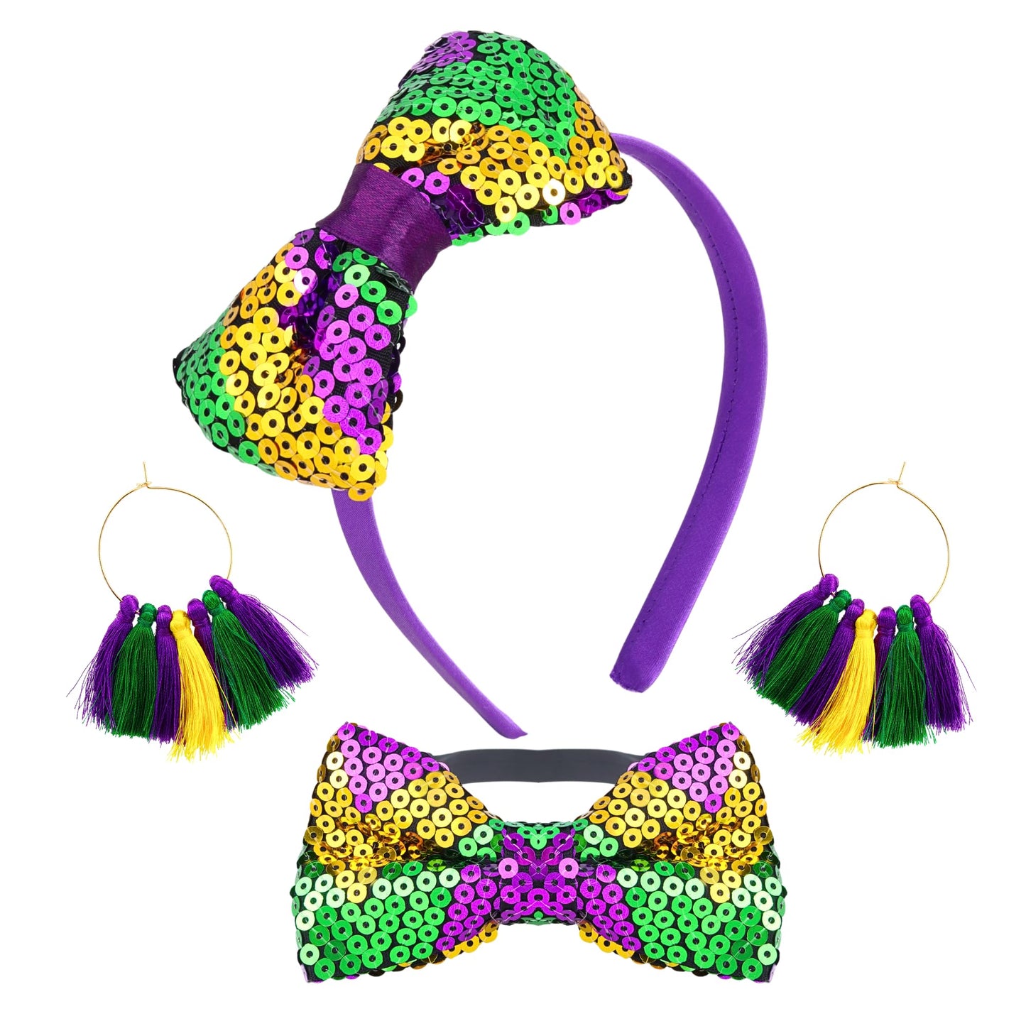 Needzo 2024 Mardi Gras Glitter Bow Headband, Purple, Green, and Gold Parade, Party Hair Accessory One Size (Headband + Earrings + Bowtie)