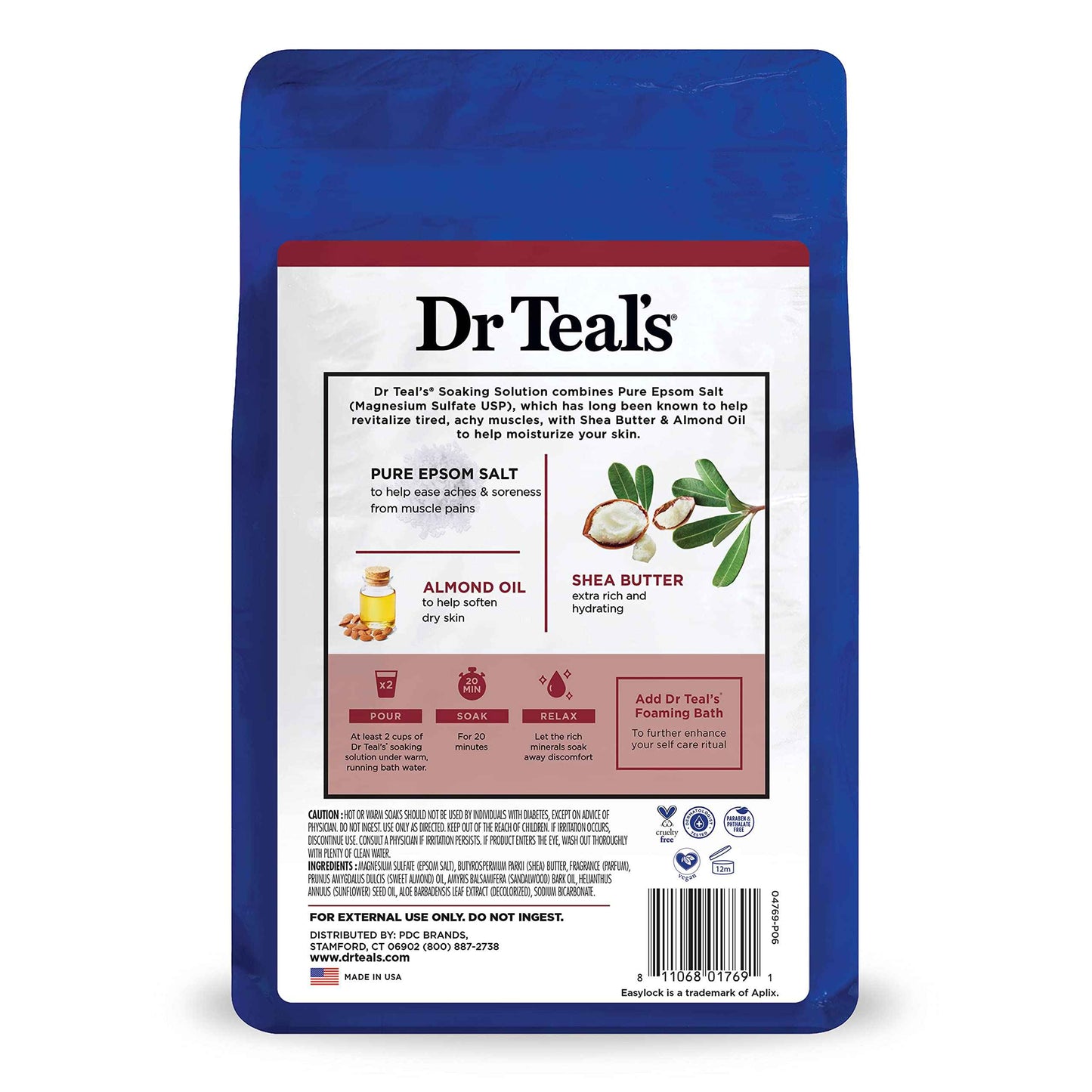 Dr Teal's Pure Epsom Magnesium Salt Soak, Shea Butter & Almond, 3 lbs (Pack of 4)