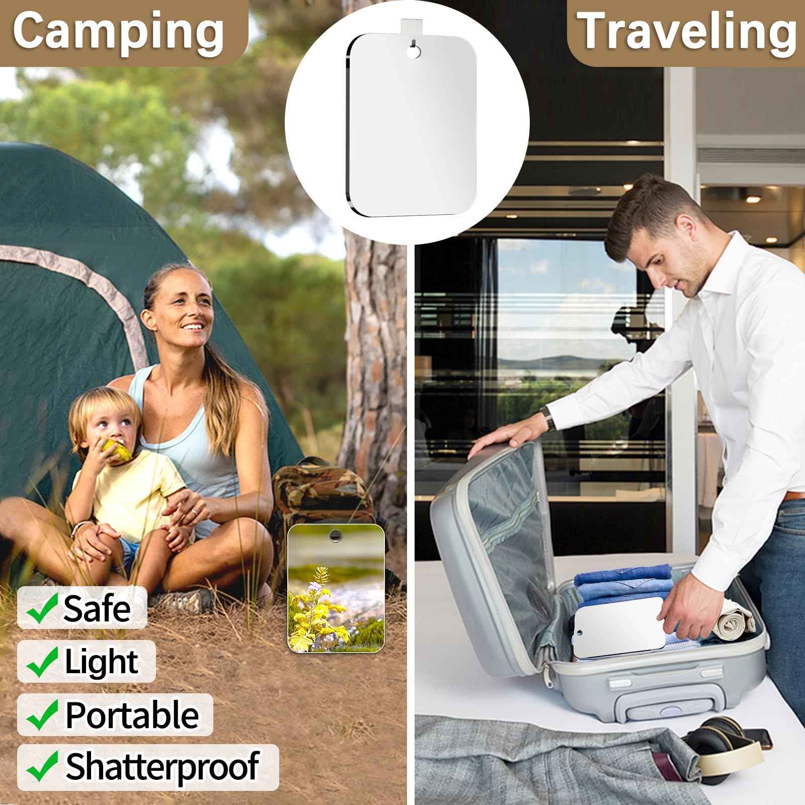 2 Pack Shower Mirror for Shaving, Larger 10.7x8 In Mirror for Wall Hanging Kids Safety, Frameless Portable Travel Camping Mirrors, Unbreakable Handheld Locker Shave Mirror, Makeup Plastic, NOT Fogless