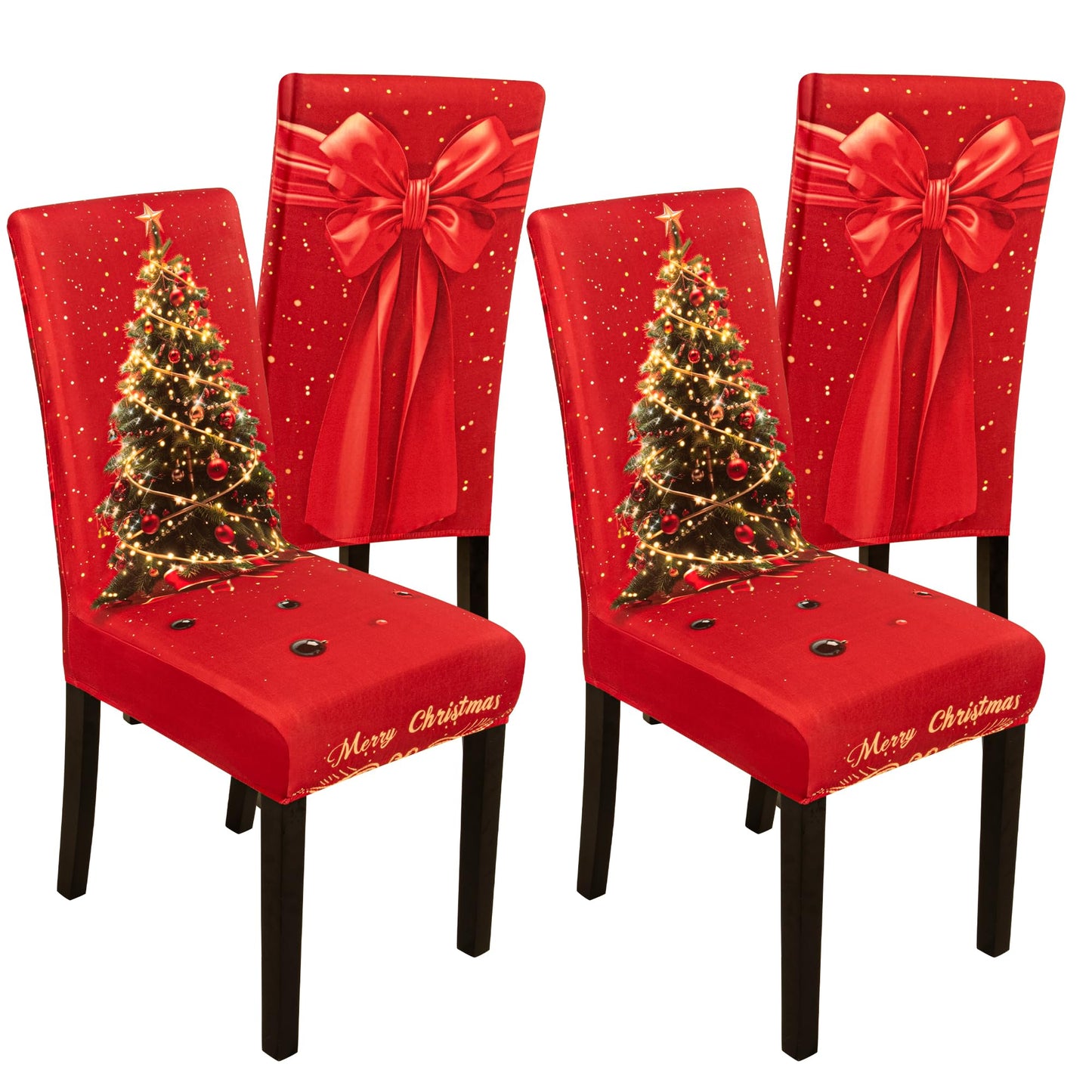 4PCS Christmas Dining Chair Covers Stretch Removable Washable Dining Room Chair Protector Slipcover 3D Print Xmas Tree Bow Tie Kitchen Chair Cover Slipcovers for Xmas Holiday Party Home Décor