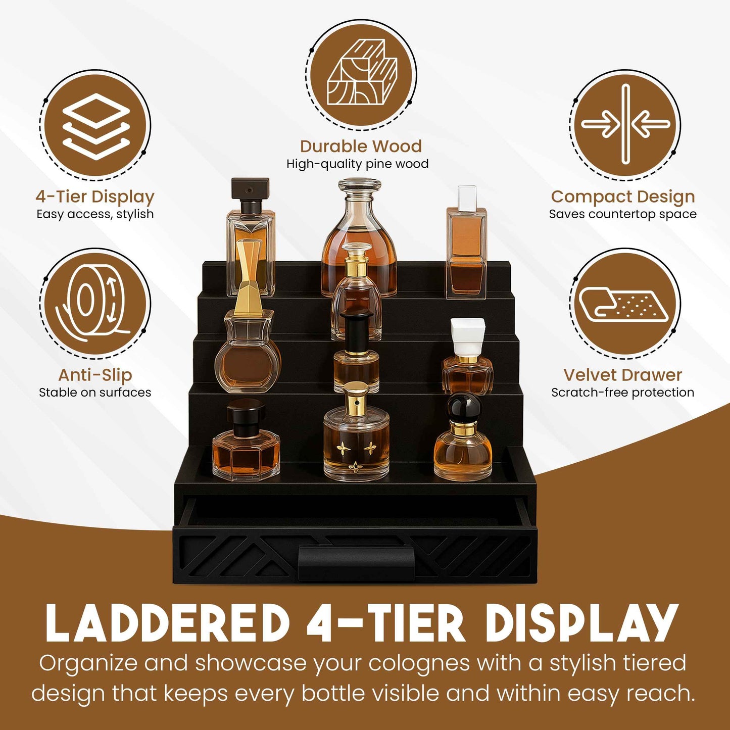 Cologne Organizer for Men - Drawers & Dresser Organizer Countertop - Perfume Holder Stand For Men Organizador De Perfumes - by NovaHavensNest (Black-4 Tier)