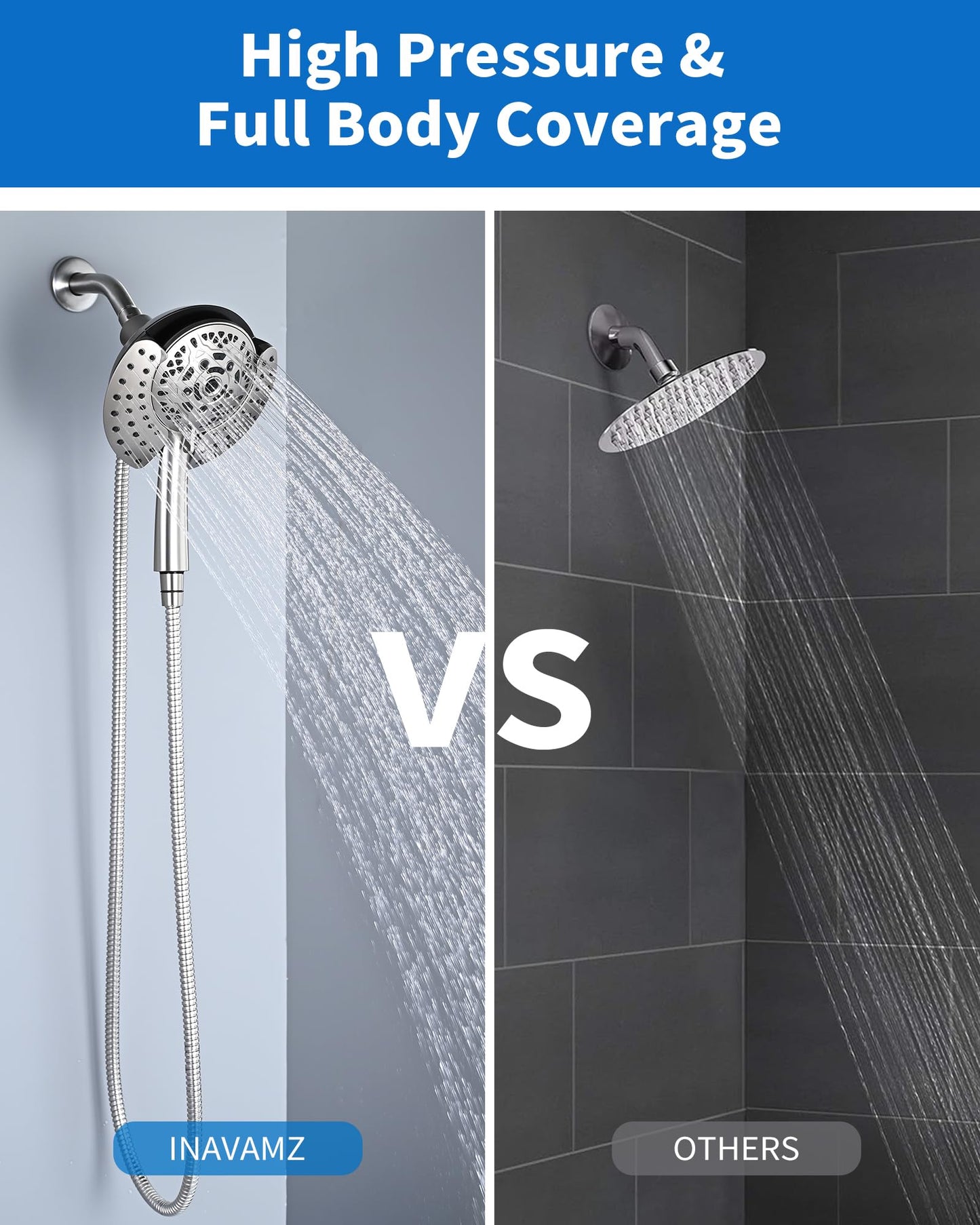 INAVAMZ Shower Heads with Handheld Spray Combo: 7.2" Rainfall Shower Head & Handheld Shower Head 2-IN-1 Shower Head with 60" Rotatable Stainless Steel Hose, Nickel