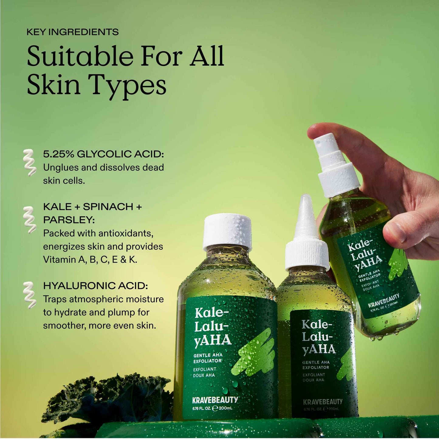 KraveBeauty Kale-Lalu-yAHA – K-Beauty Gentle 5.25% AHA Exfoliator, Glycolic & Hyaluronic Acid, Unclogs Pores & Hydrates, Vegan & Cruelty-Free, 6.76 fl oz