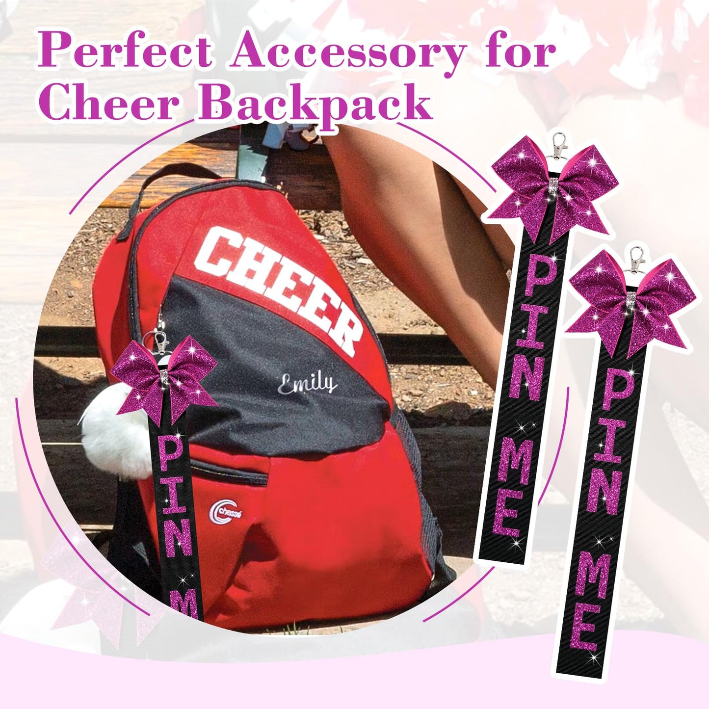 6 PCS Cheer Pin Me Ribbon Cheer Bag Bow Keychain with Rhinestones Bow Pin Me Cheer Competition for Teen Girls Cheerleading Sports Accessory(Pink)