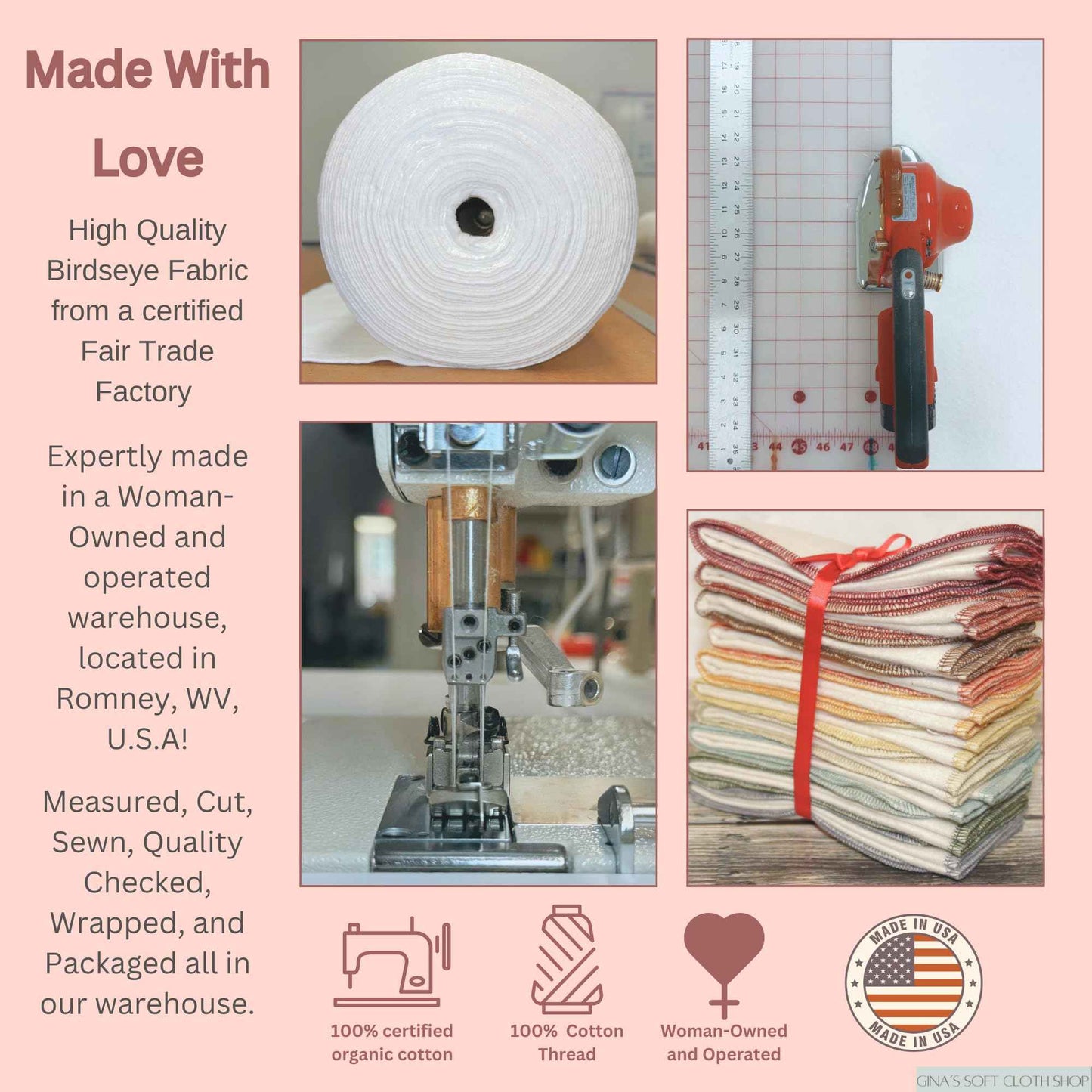 Gina's Soft Cloth Shop 1 Ply Organic Birdseye Washable Baby Wipes 8x8 Inches Set of 20 Rainbow Assortment- Proudly Made in the USA!