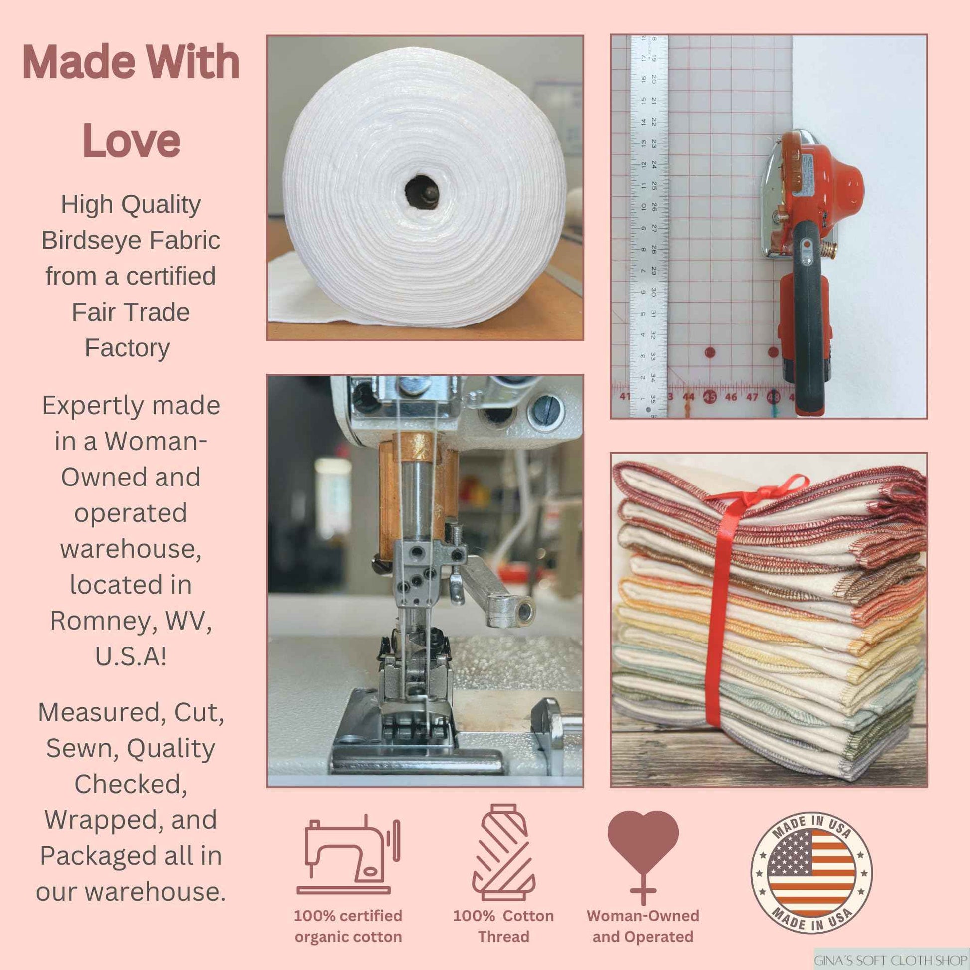 Gina's Soft Cloth Shop Washable Flannel Napkins 8x8 1 Ply Rainbow 10 Pack Proudly Made in the USA!