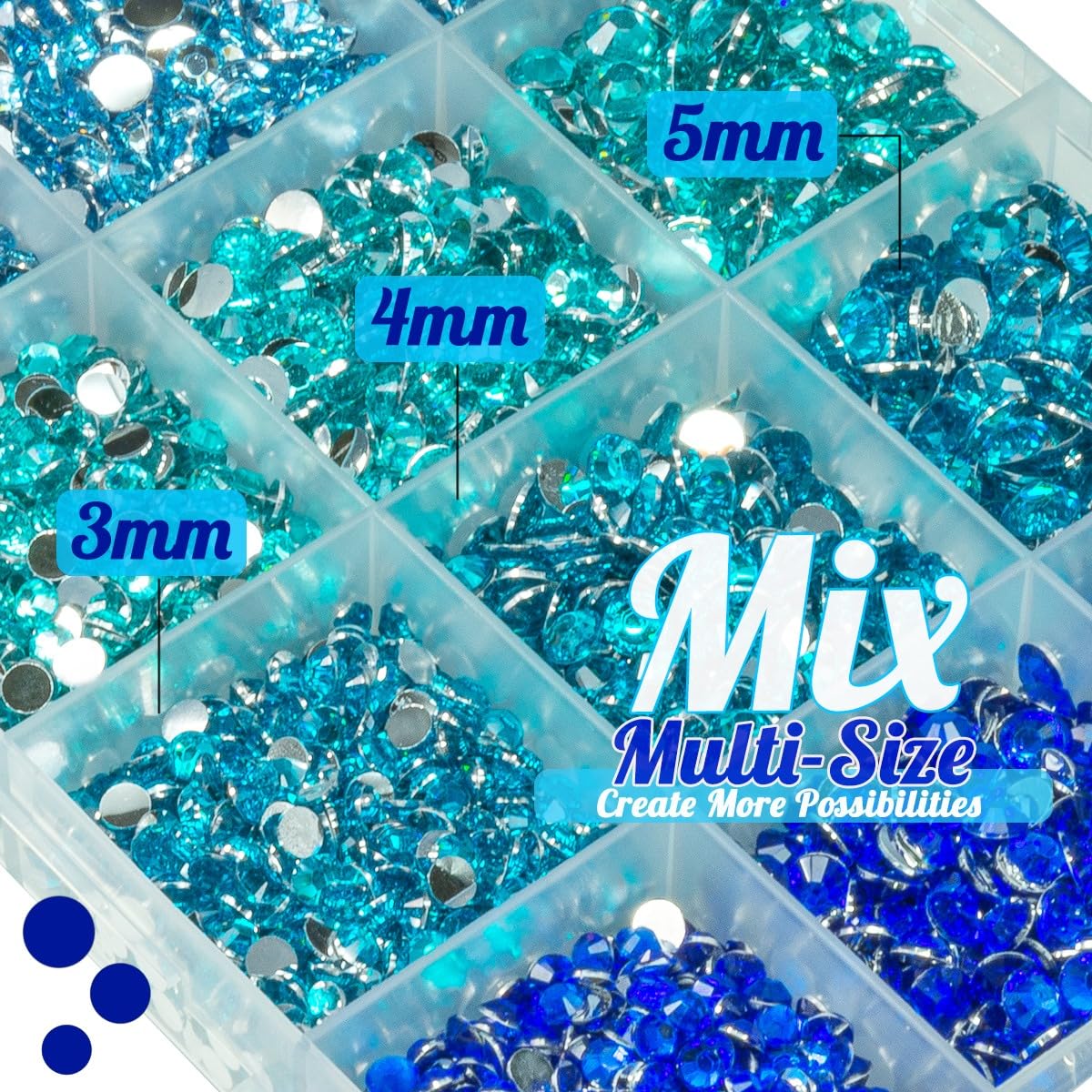 qiipii Resin Rhinestones Bulk for Crafting 3mm 4mm 5mm 4 Color Flatback Crystal Stones Non-Hotfix Light Blue Aquamarine Royal Blue Resin Gems Diamonds for Nails Eyes Face Makeup Crafts DIY Tumblers