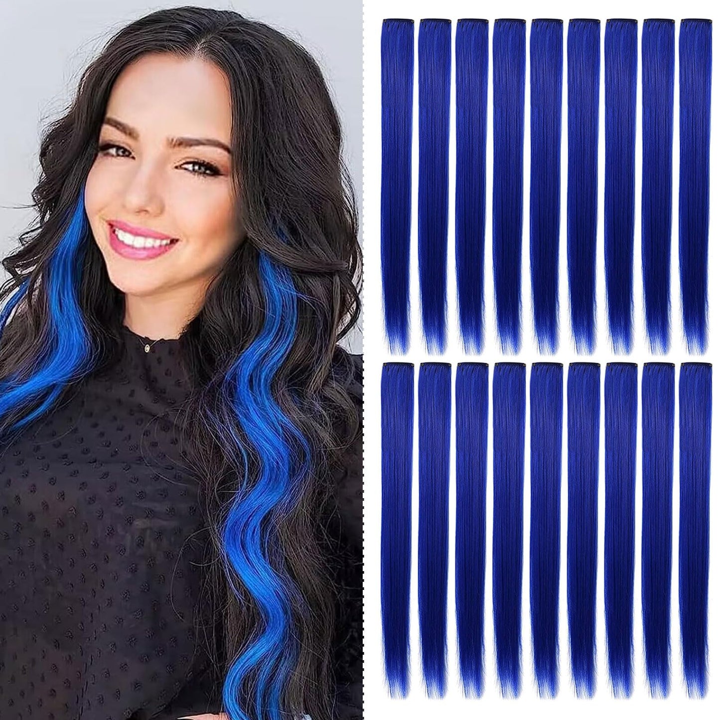 XIRRWWH 16 Pcs 21 Inch Colored Hair Extensions Clip in,Blue Wigs Heat Resistant Straight Party High Gloss Blue Hair Accessories Gifts for Women (Sapphire blue)