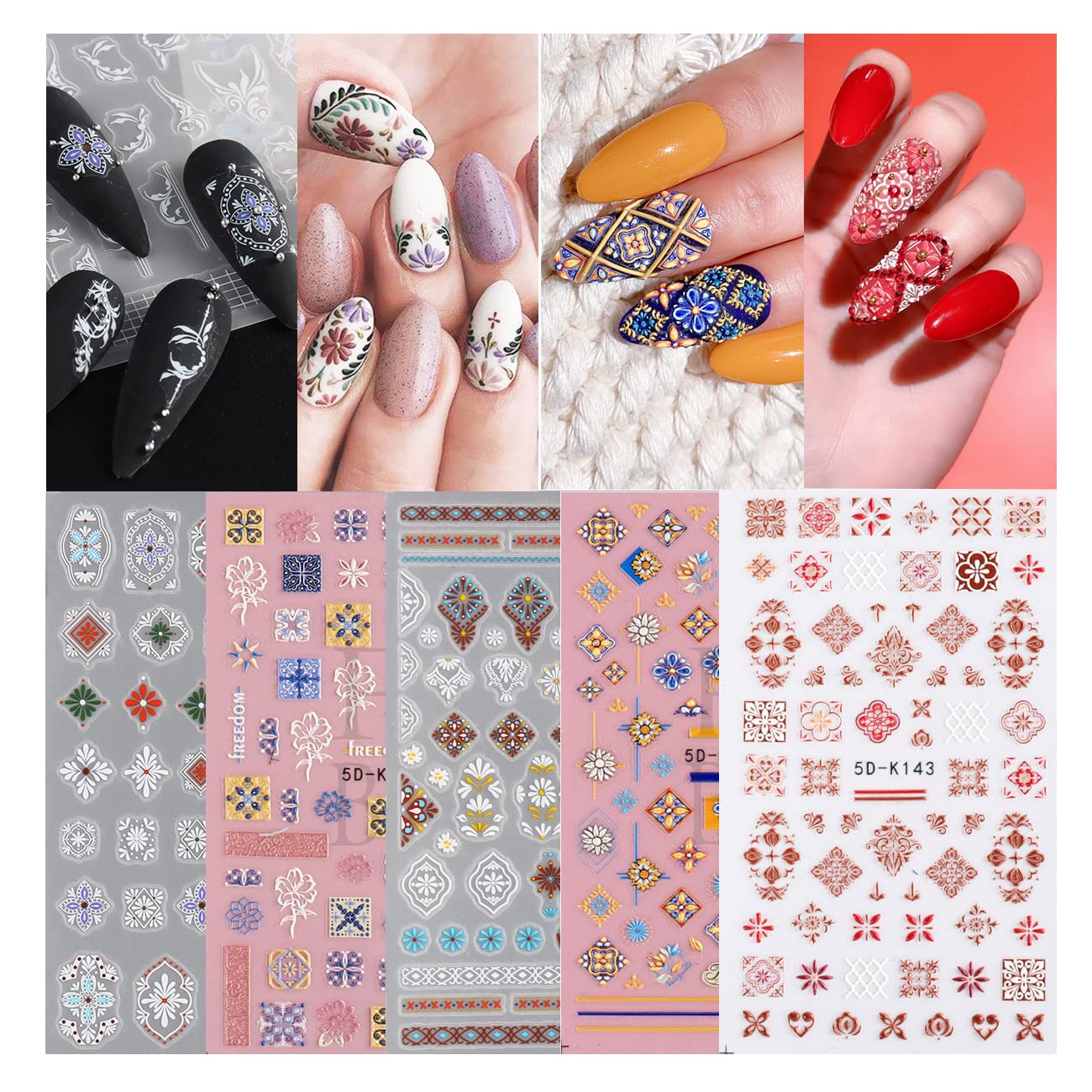 Nail Art Stickers 3D Retro Style Nail Decals Self Adhesive Nail Supplies Flower Totem Nail Stickers for Women Manicure Decoration DIY Nail Art Design