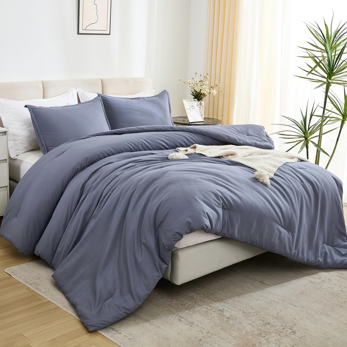 Litanika Comforters Bluish Grey Twin/Twin XL Size, 2 Pieces Lightweight Solid Bedding Set & Collections, All Season Fluffy Bed Set (66x90In Comforter & 1 Pillowcase)