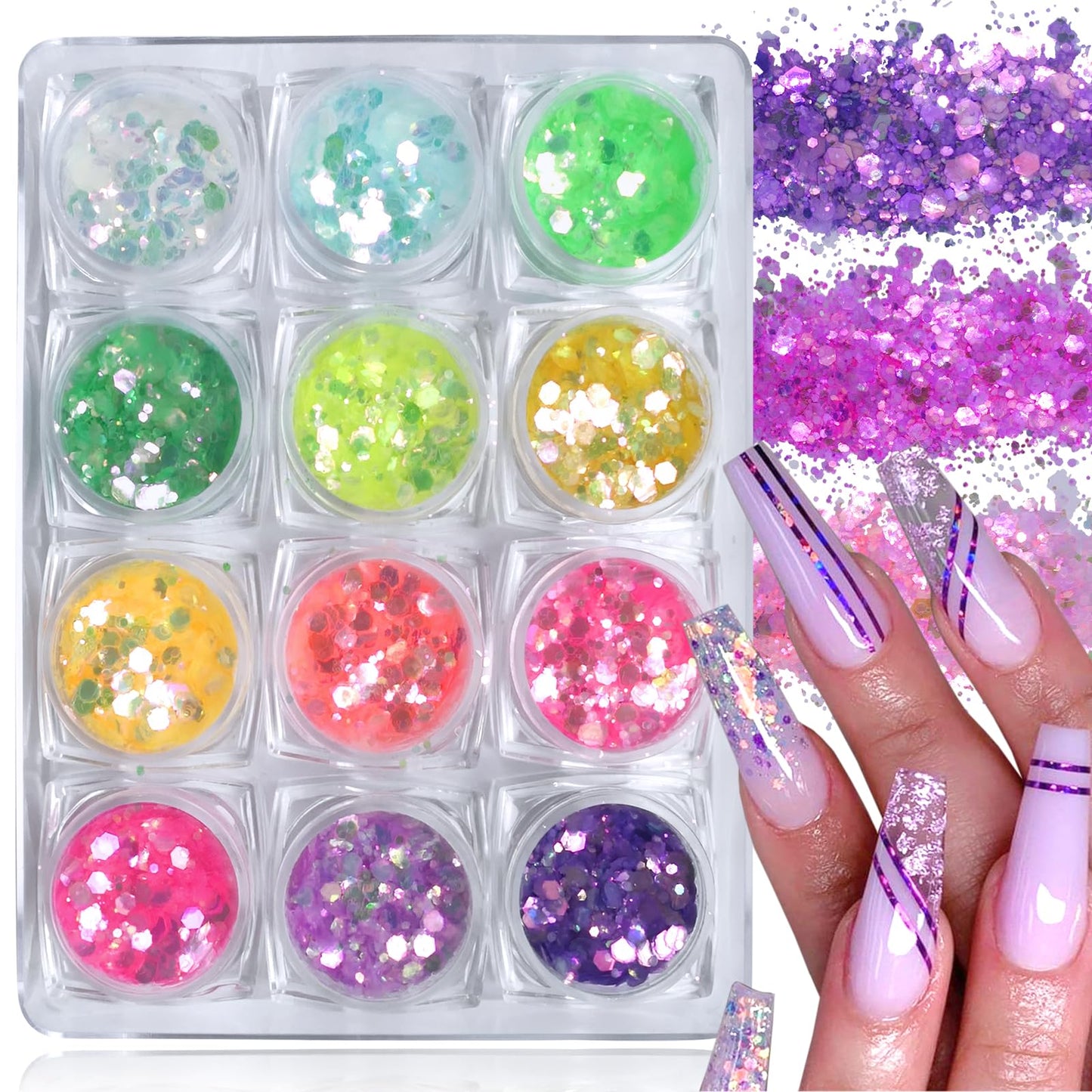 LuckForever 12 Colors Chunky Body Glitters Spring/Summer Collection Star River Glitter Glitter Mix Nail Glitter Flakes Illusion Candy Sequins Powder for Acrylic Nails Crafts Paints Resin Cosmetics