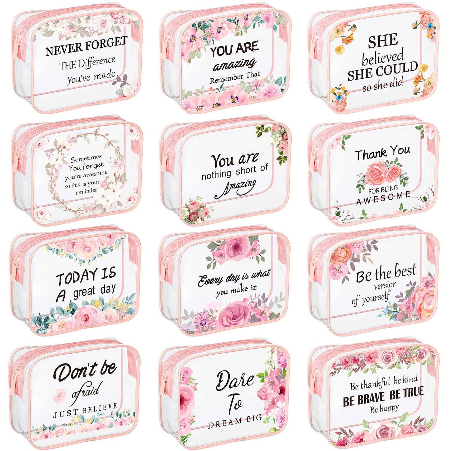 Kacctyen 12 Pcs Clear Makeup Bags Flower Bulk Inspirational Quotes Waterproof Portable with Toiletry Zipper Pink Clear PVC Travel Pouch Encouragement Quotes Bags Appreciation Gift for Mother Nurse