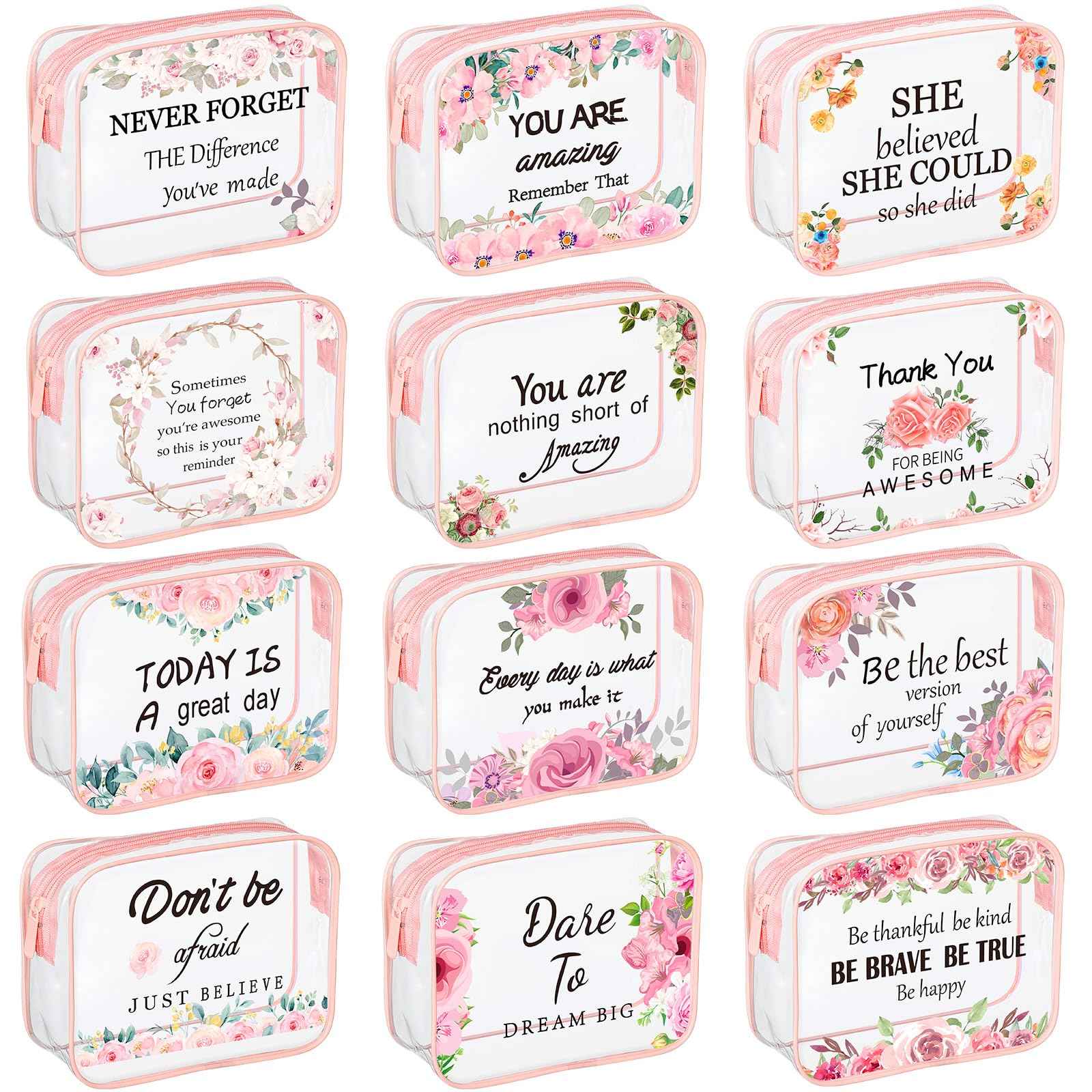 Kacctyen 12 Pcs Clear Makeup Bags Flower Bulk Inspirational Quotes Waterproof Portable with Toiletry Zipper Pink Clear PVC Travel Pouch Encouragement Quotes Bags Appreciation Gift for Mother Nurse