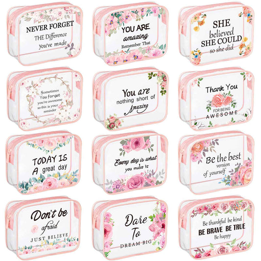 Kacctyen 12 Pcs Clear Makeup Bags Flower Bulk Inspirational Quotes Waterproof Portable with Toiletry Zipper Pink Clear PVC Travel Pouch Encouragement Quotes Bags Appreciation Gift for Mother Nurse
