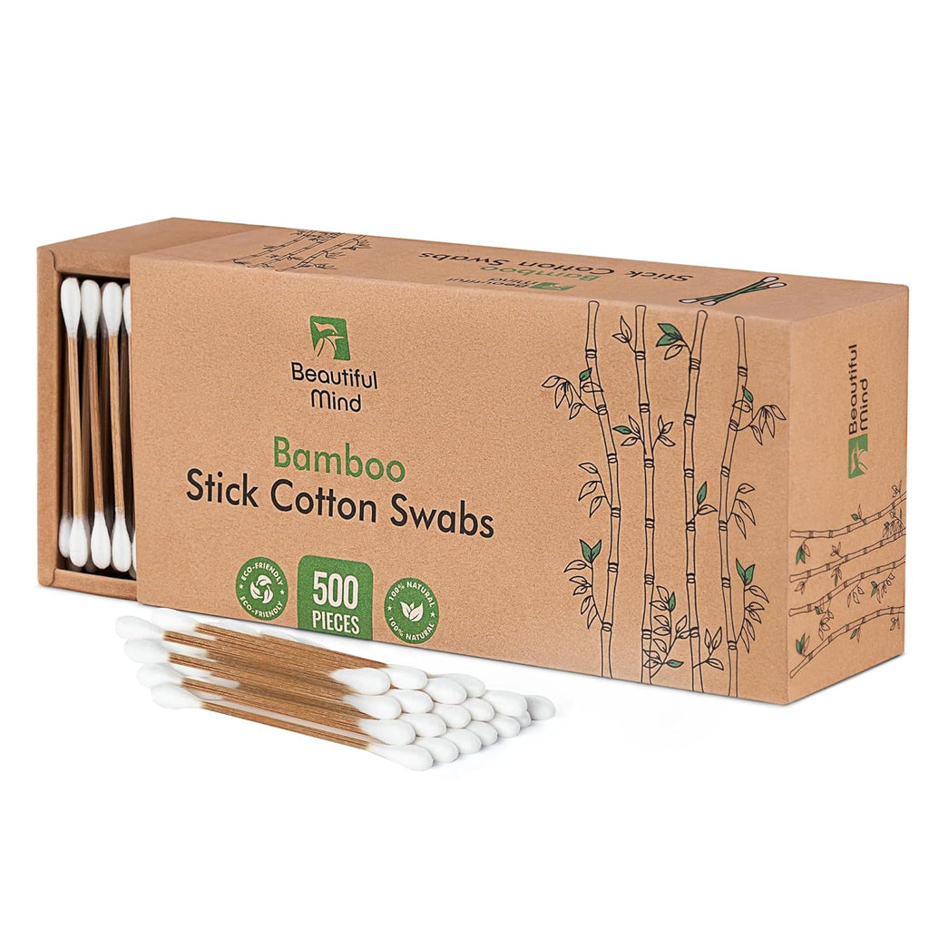 Natural Bamboo Cotton Swabs for Ears – 500 Pack – Qtips with Carbonized Bamboo for Durability – Eco-Friendly, Biodegradable & Vegan – 100% Cotton Ear Swabs Organic for Makeup (Drawer Box)