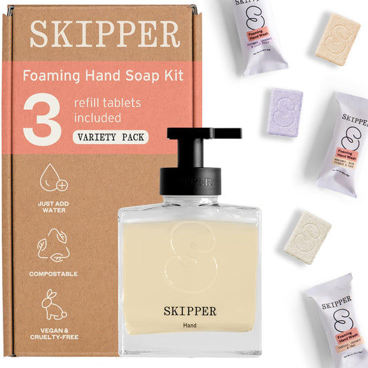 Tirtyl Skipper Hand Wash Single Kit Glass - 1 Glass Foaming Dispenser + 3 Tablet Refills (3x 8 fl oz bottles of soap) - Variety Fragrances