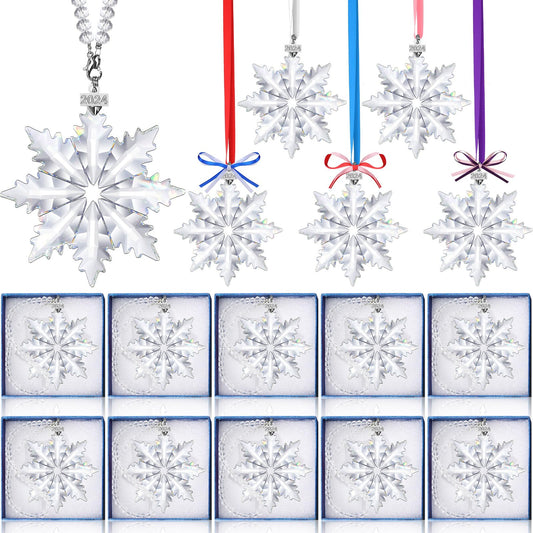 Roowest 16 Pack Christmas 2024 Snowflake Crystal Ornaments Clear Decorative Hanging Ornaments Crystal Snowflake Pendant Decoration with Colorful Ribbons Gift Boxes for Xmas Party Tree Decor(Cute)