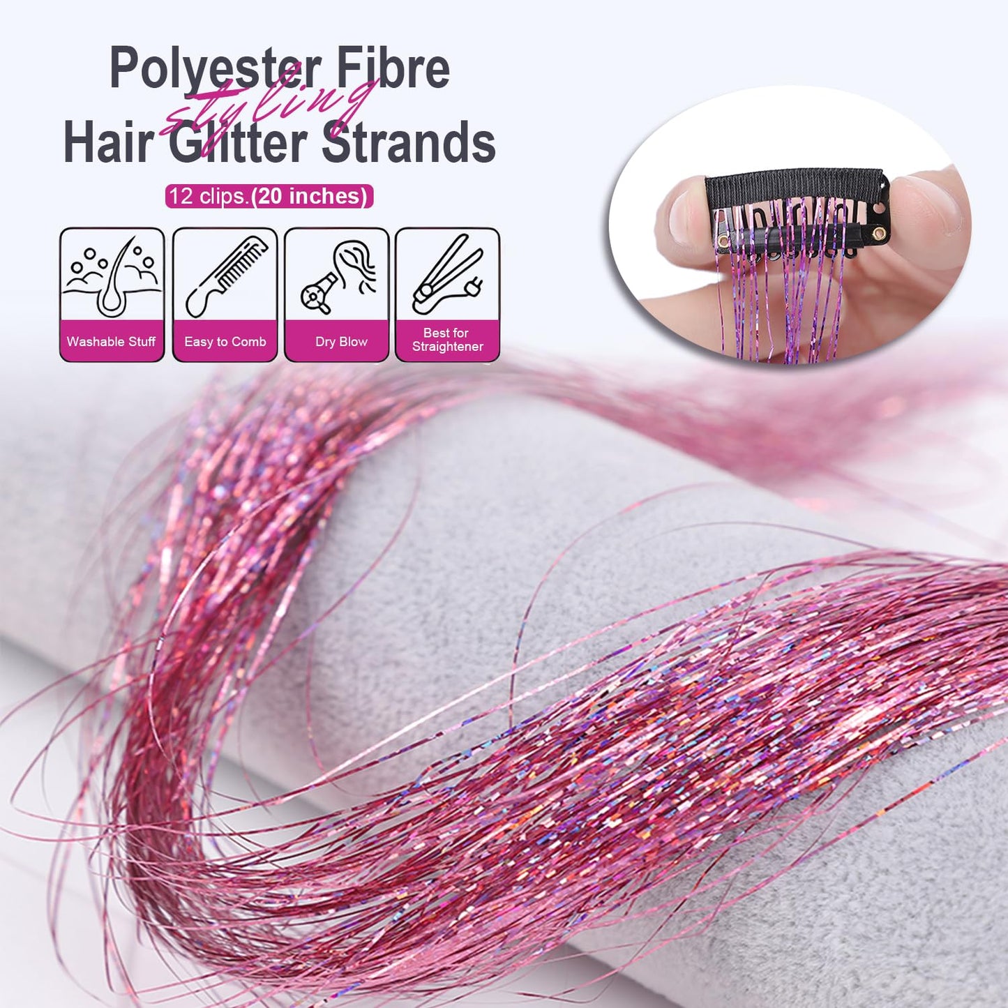 LANCAINI Clip-in Hair Tinsel Extensions Pack of 12 clips 20 Inch,Pink Glitter Tinsel Hair Extensions,Festival Gift Tinsel Fairy Hair Extension Party Dazzle for Women Girls Kids