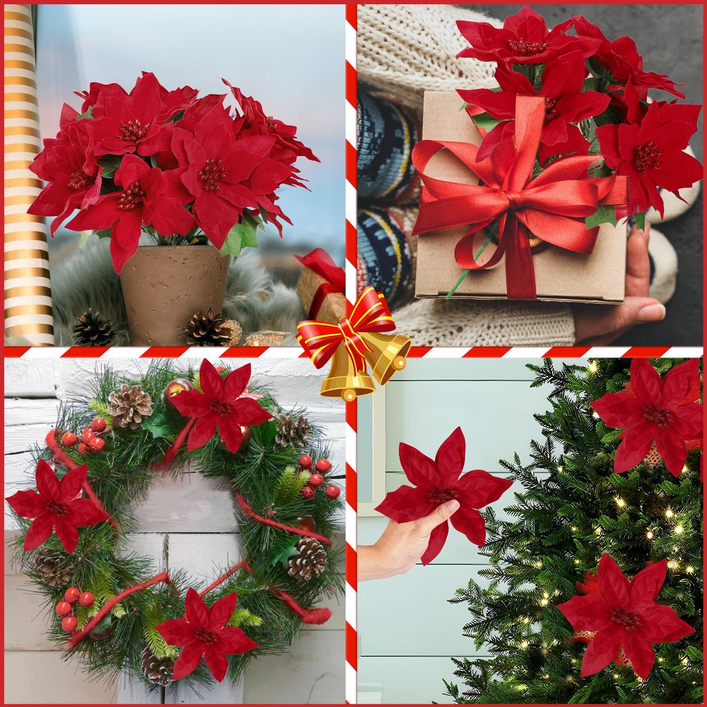 Cekene Christmas Artificial Poinsettia Flowers Decorations, 6 Pack Fake Flowers with Stem Flannel Artificial Red Bouquets Vase Decoration Flowers for Home Wedding Party Table