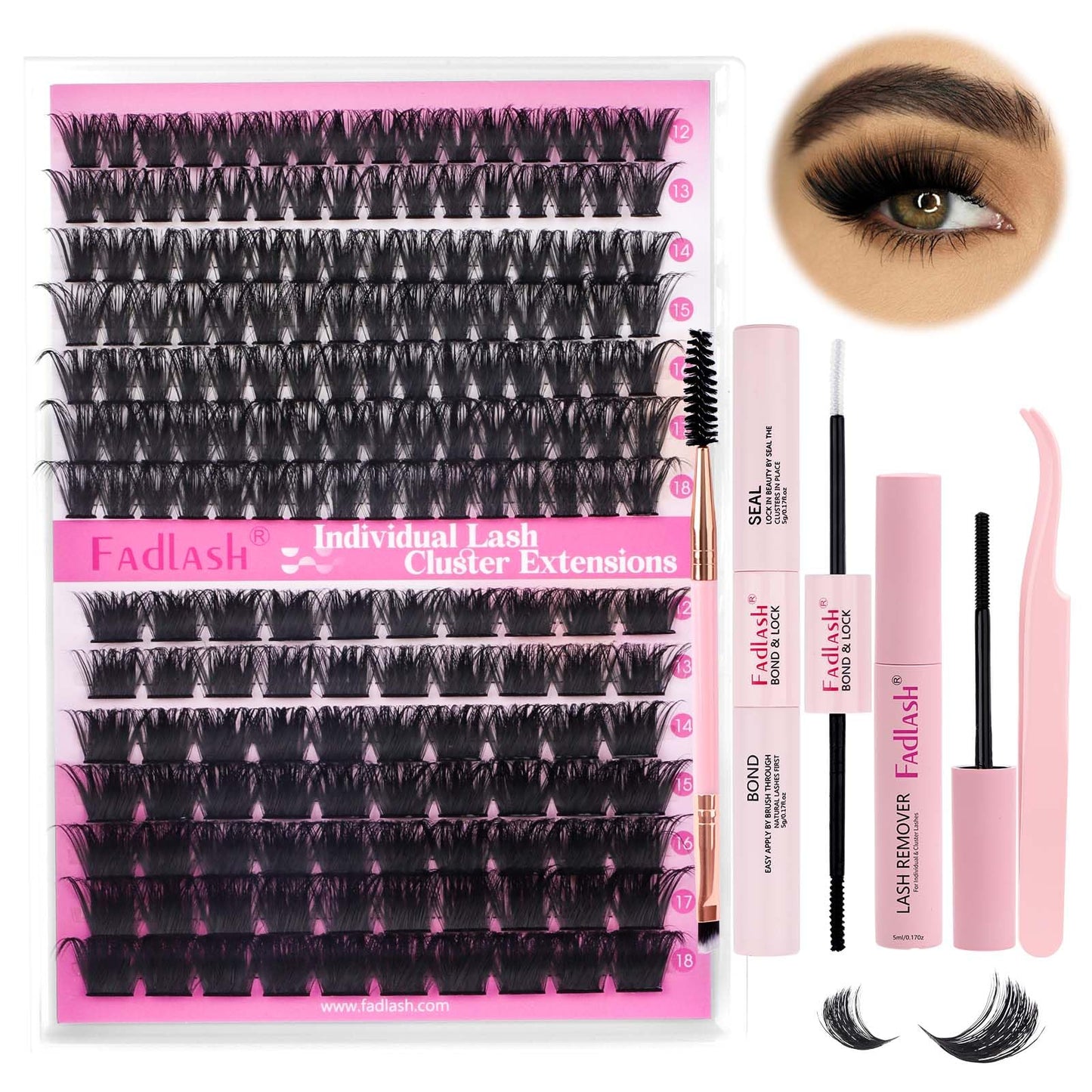 FADLASH DIY Lash Extension Kit Individual Lashes Cluster D Curl Eyelash Extension Kit D Curl Lash Clusters Lash Applicator Tool for Self Application at Home(KIT 100D+200D-D-12-18mm)