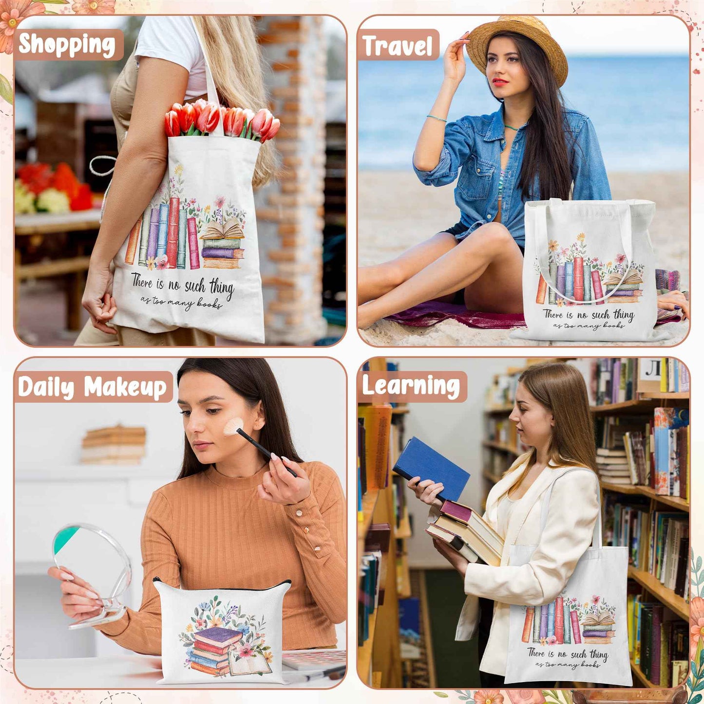 Y1tvei Aesthetic Canvas Tote Bag - 2Pcs Colorful Reading Canvas Cosmetic Bag Set There Is No Such Thing As Too Many Books Tote Bag Makeup Reusable Grocery Bags Black to School Gift for Women Girls