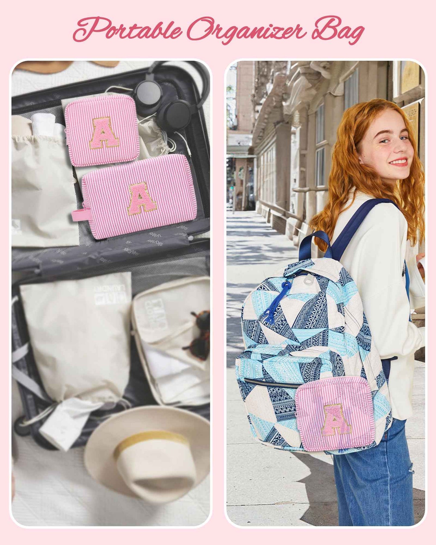 MONSTINA Initial Makeup Bag Set for Girls&Women,Personalized Make Up Case for Girlfriend Graduation Teacher Gifts,Cute Toiletry Bag Preppy Chenille Letter Patch,Pink A