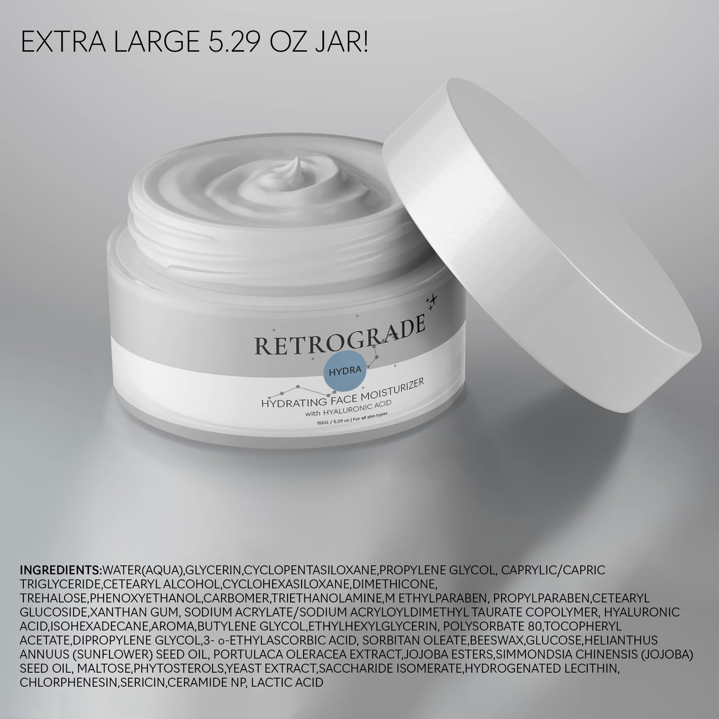 Retrograde Skin Care Hydra Hyaluronic Acid Ultra Hydrating Water Gel Cream Daily Face Moisturizer for Dry Skin, Oil-Free, Non-Comedogenic Face Lotion Hydration for More Youthful-Looking Skin, Scented