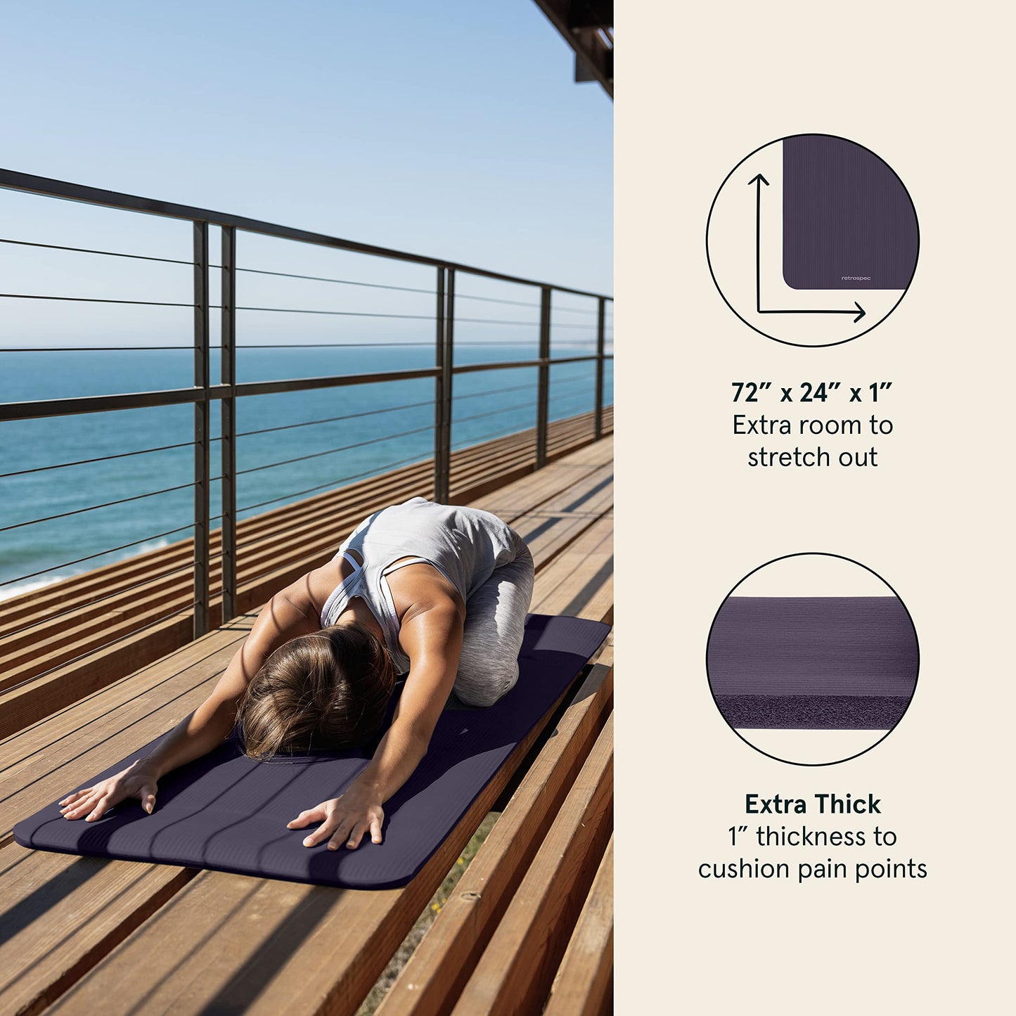 Retrospec Solana Yoga Mat 1" Thick w/Nylon Strap for Men & Women - Non Slip Exercise Mat for Home Yoga, Pilates, Stretching, Floor & Fitness Workouts - Eggplant