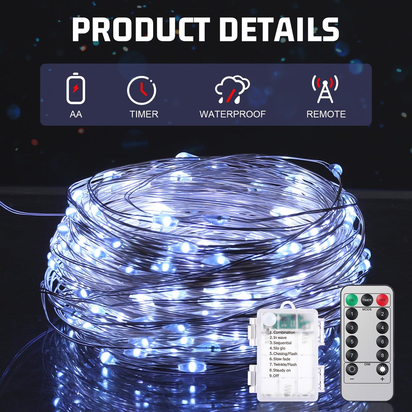 VIHOSE 12 Pcs 32.81ft 100 LED Fairy Lights Battery Operated 8 Modes Fairy Christmas String Lights with Remote Waterproof Silver Copper Wire White Twinkle Lights for Outdoor Xmas Tree Indoor Decoration