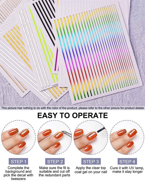 7 Sheets Nail Striping Tape Metallic Lines French Tip Manicure Strip Adhesive Holographic Foil Design Gold Sticker Decals for Nail Art