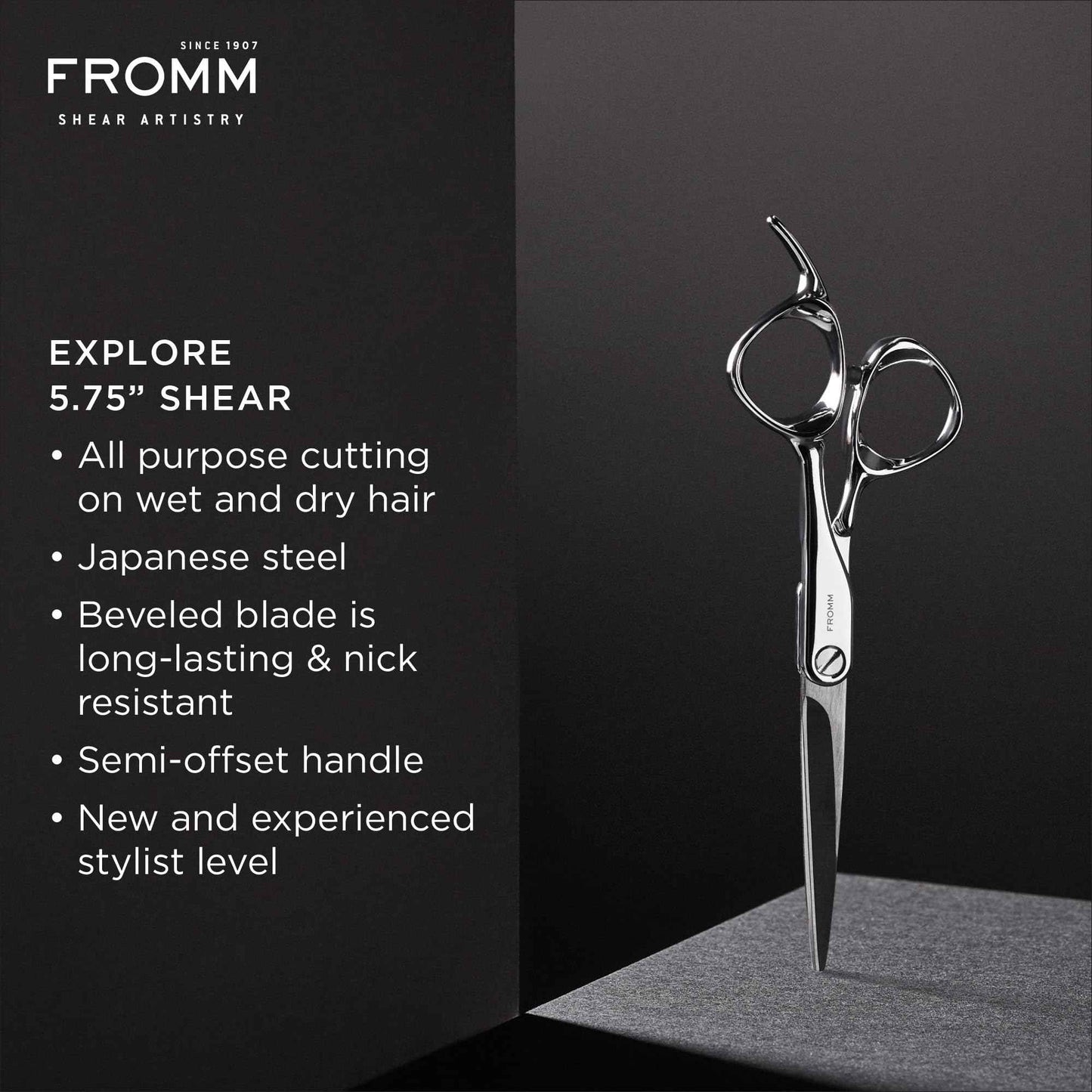 Fromm Professional Explore 5.75" Hair Cutting Shears for Wet and Dry Hair, Polished Silver Japanese Steel Scissors with Beveled Blade