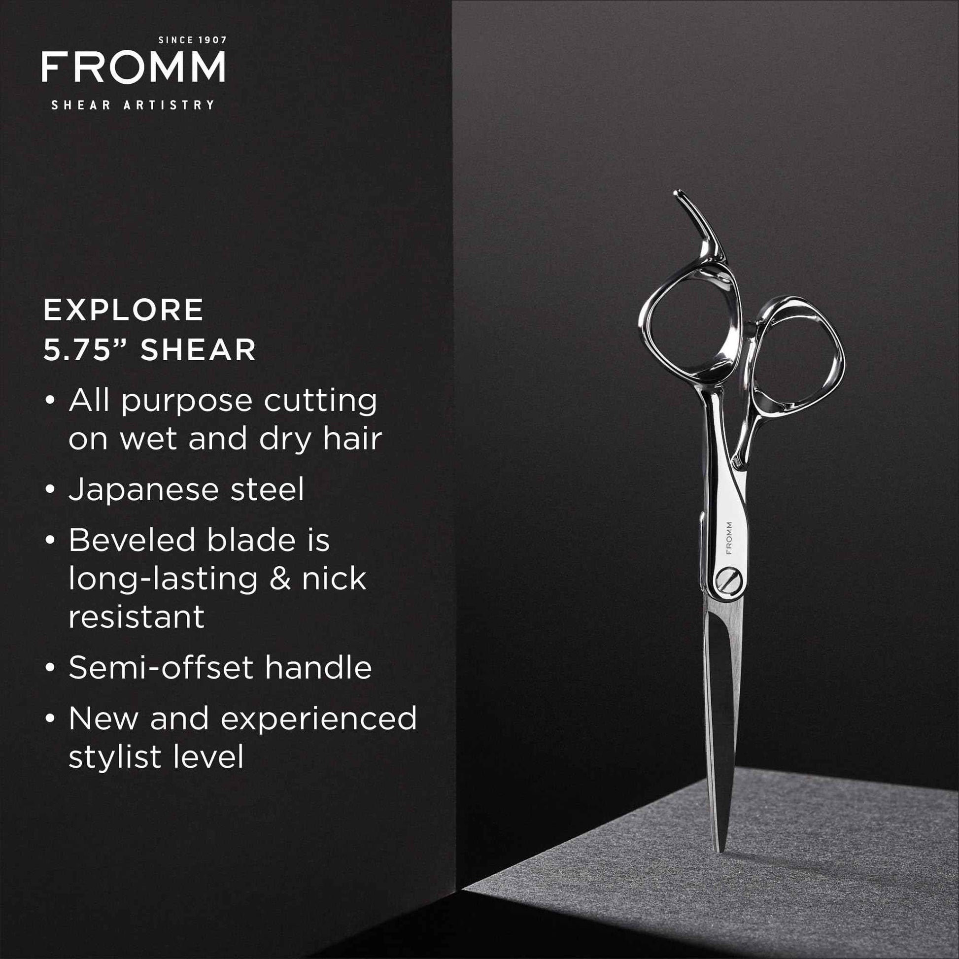 Fromm Professional Explore 5.75" Hair Cutting Shears for Wet and Dry Hair, Polished Silver Japanese Steel Scissors with Beveled Blade