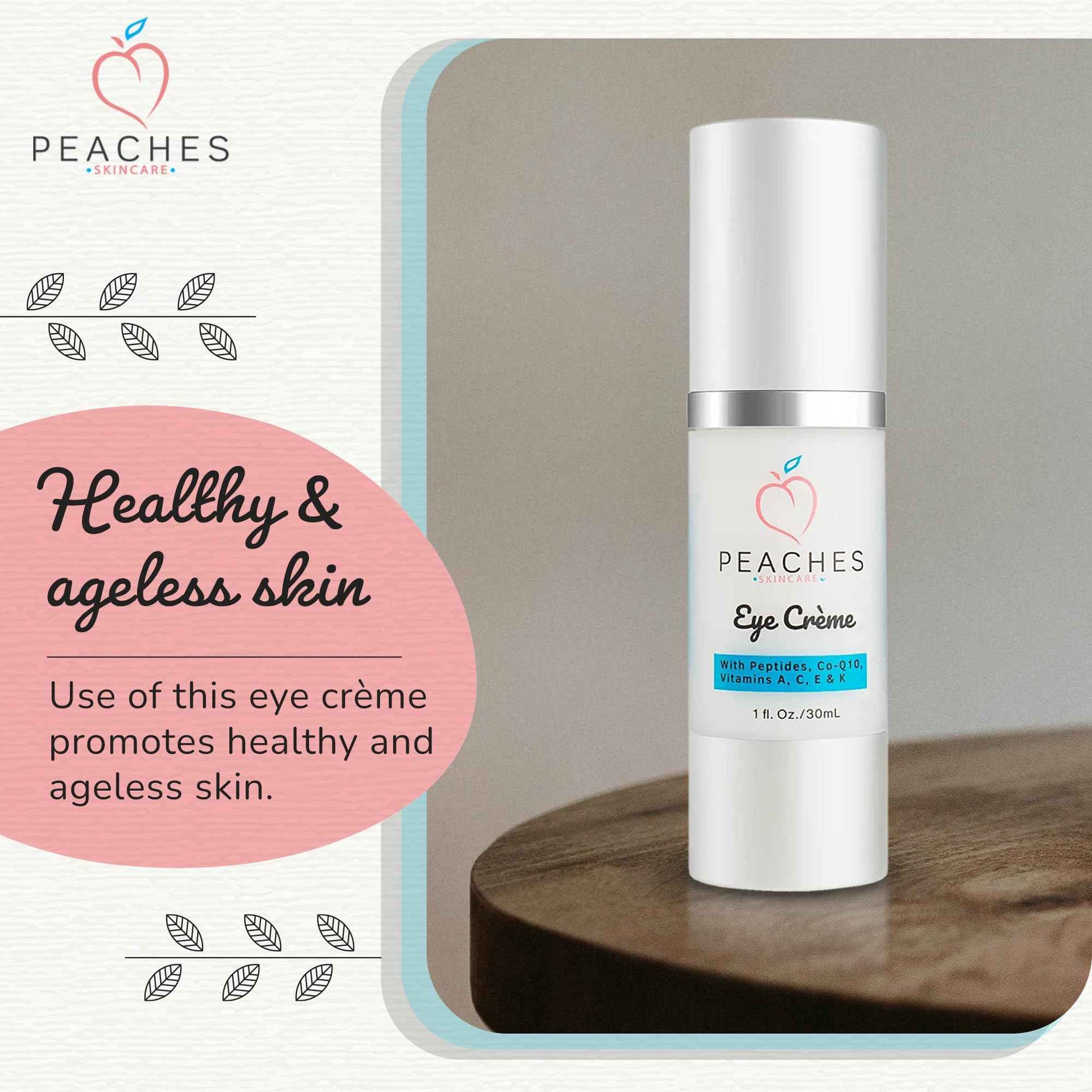 Peaches Skin Care Under Eye Cream – Targets Puffiness, Dark Circles, and Bags – Vegan Formula with Peptides, Co-Q10, Squalene, Vitamins, and Reishi – Eye Crème (1 oz)