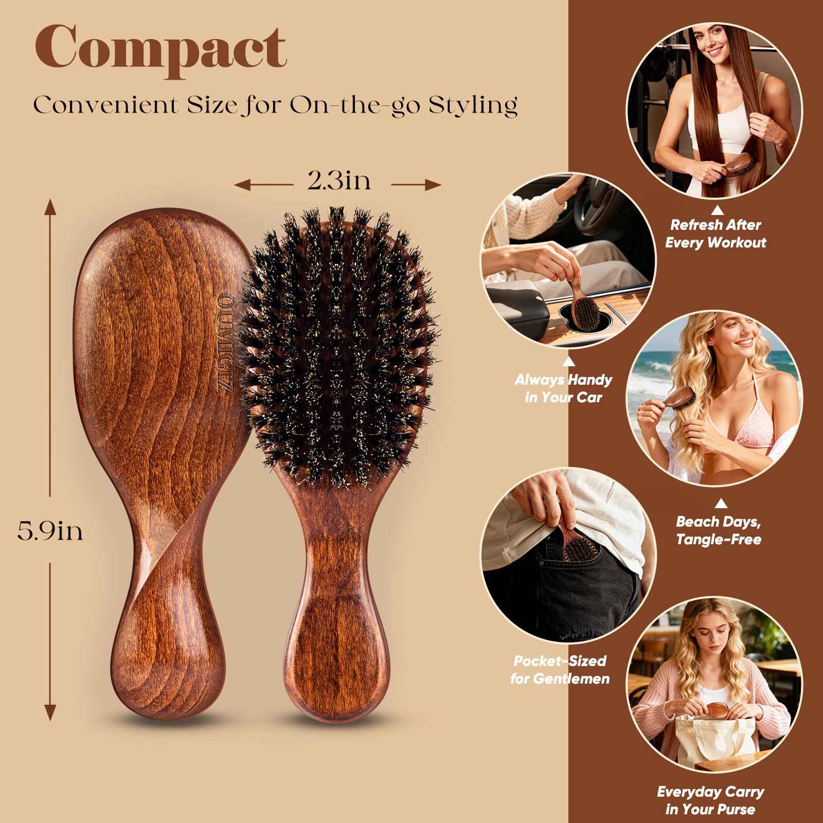 OUMIGIZ Boar Bristle Hair Brush Since 1965 British Craftsmanship, Handmade Natural Wooden Mini Hairbrush/Beard Brush, Pure Soft Bristles Gentle Detangling Women Men Kids Thin Fine Hair, Smooth & Shine