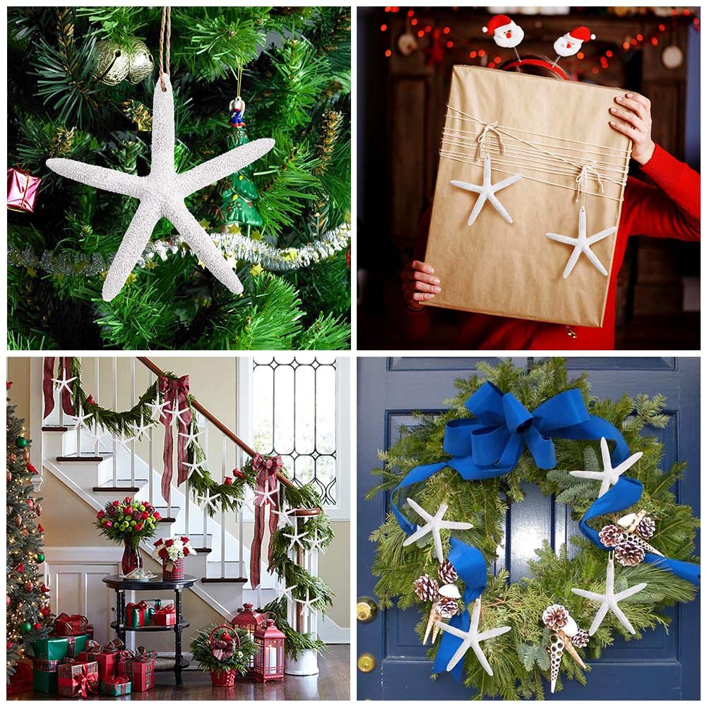 OurWarm 30pcs Resin Pencil White Starfish Decor for Weddings, Dried Hanging Starfish Christmas Tree Ornaments with Hemp Rope for Home and Craft Projects, 4-Inch