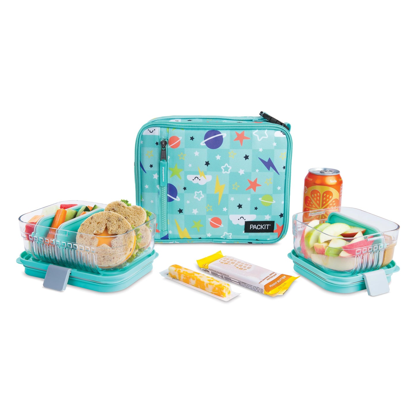 PackIt Freezable Classic Lunch Box, Happy Clouds, Built with ECOFREEZE Technology, Fully Freezable, Collapsible, Reusable, With Zip Front Pocket and Buckle Handle, Designed for Fresh Lunch On the Go