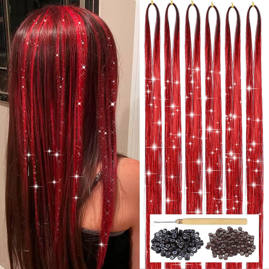 Red Hair Tinsel Kit with Tool 6pcs 1200 Strands Hair Tinsel Heat Resistant Fairy Hair Sparkling Shiny Glitter Tinsel Hair Extensions for Women Girls Kids 47Inch