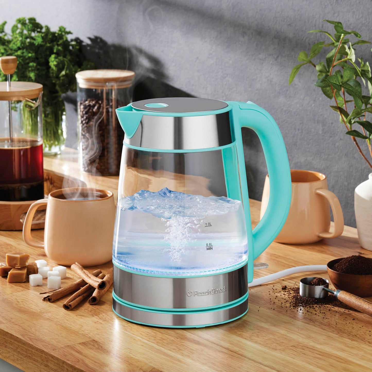 Speed-Boil Water Electric Kettle, 1.7L 1500W, Coffee & Tea Kettle Borosilicate Glass, Water Boiler, Auto Shut-Off, Cool Touch Handle, Base Detachable, LED. 360° Rotation, Boil Dry Protection (Aqua)