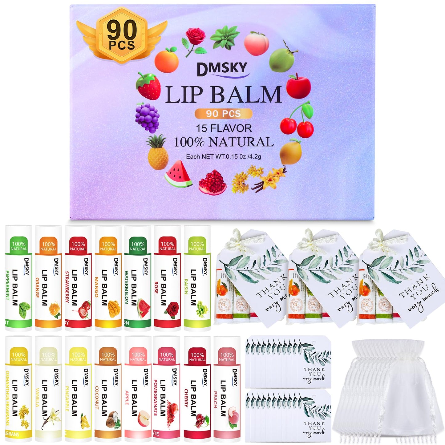 DMSKY 90 Pack Lip Balm, Natural Lip Balm Bulk with Vitamin E and Coconut Oil, Moisturizing Soothing Chapped Lips, Gifts for Women Stocking Stuffers Party Favors