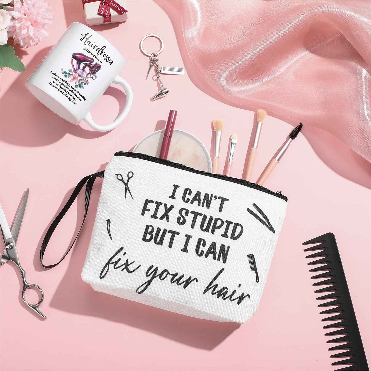 Reginary 3 Pcs Christmas Hairdresser Gifts Bulk Hair Stylist Appreciation Gifts Bulk Cosmetology Makeup Bag Mug Keychain