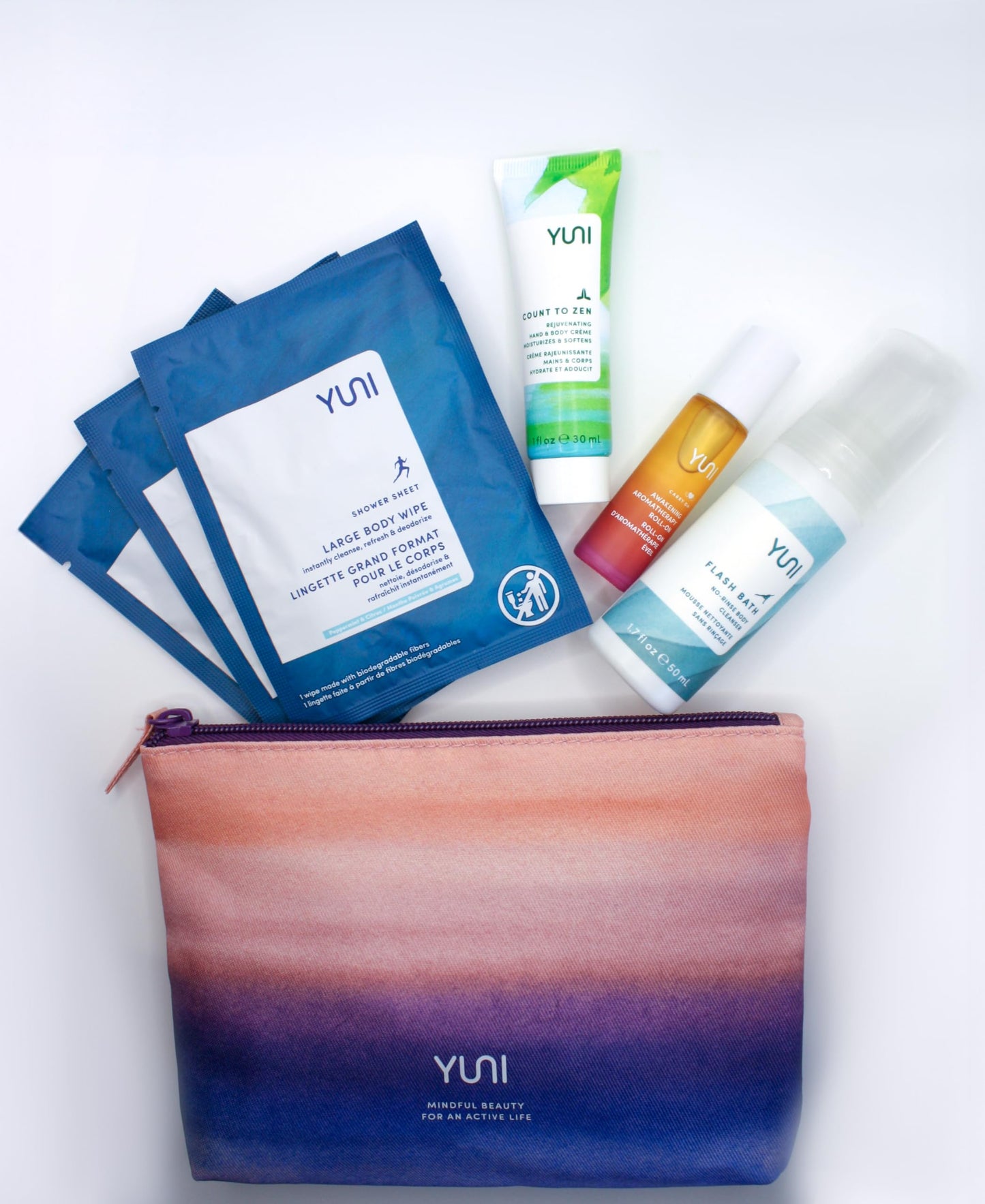 YUNI Beauty Natural Travel Essentials Kit (7pc kit) Beauty On the Run Travel Size Body Care Kit - Cleanse, Refresh, Hydrate - Save Time - All Natural, Paraben-Free, Cruelty-Free