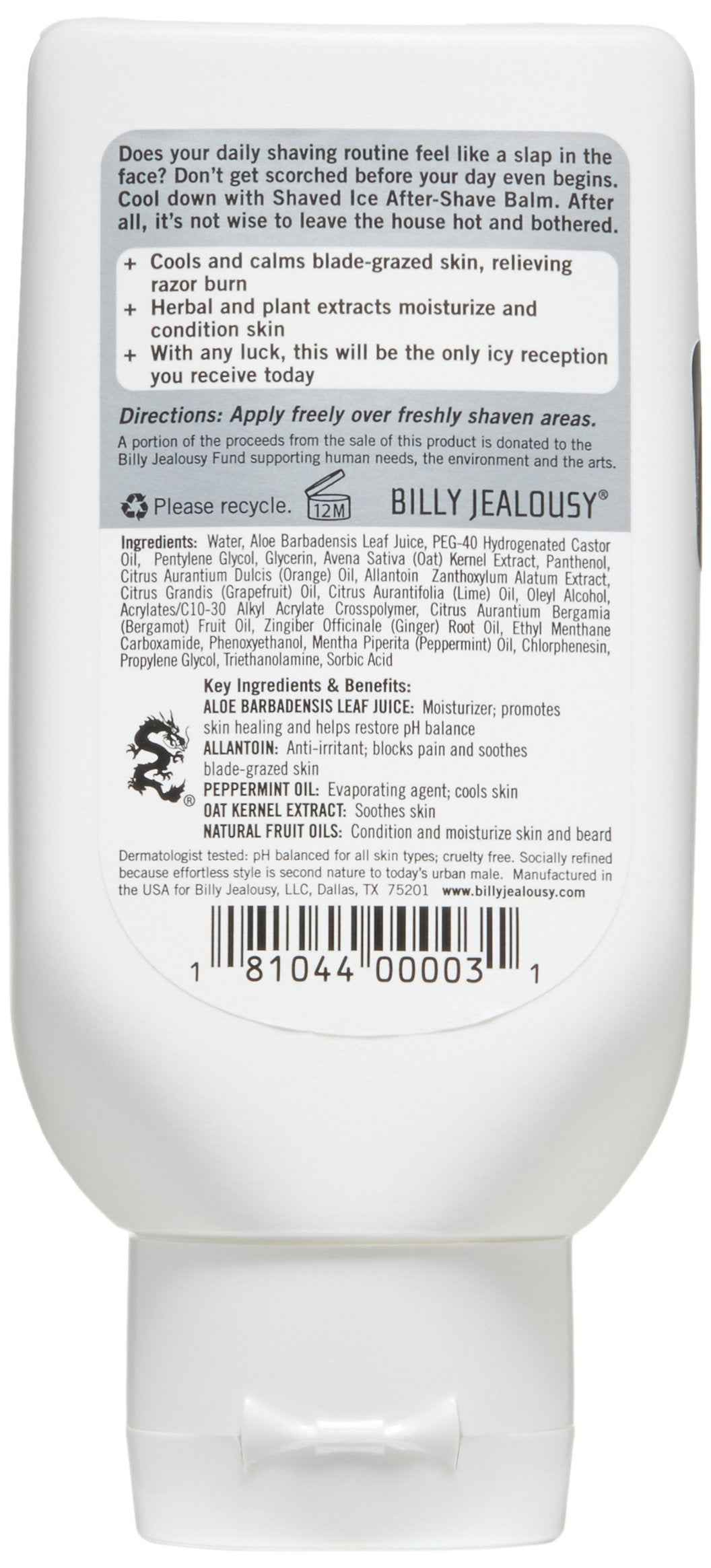 Billy Jealousy Shaved Ice After Shave Balm for Men with Aloe Leaf Juice, Cools & Hydrates Skin, Relieves Razor Irritation and Prevents Ingrown Hairs, 3 Fl Oz